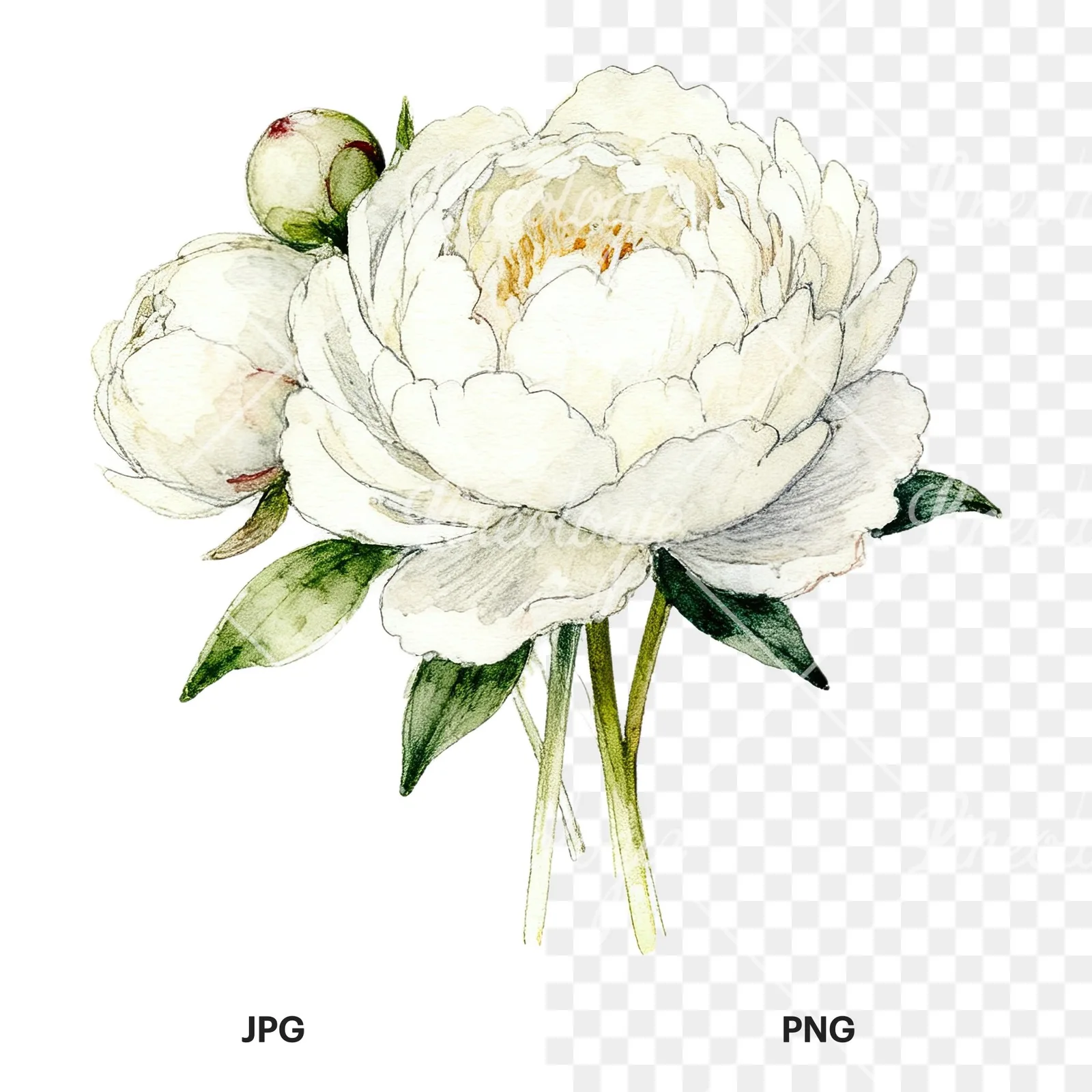 Watercolor white peony bouquet with cream accents clipart 10 of 12, as a JPG on white and a transparent PNG