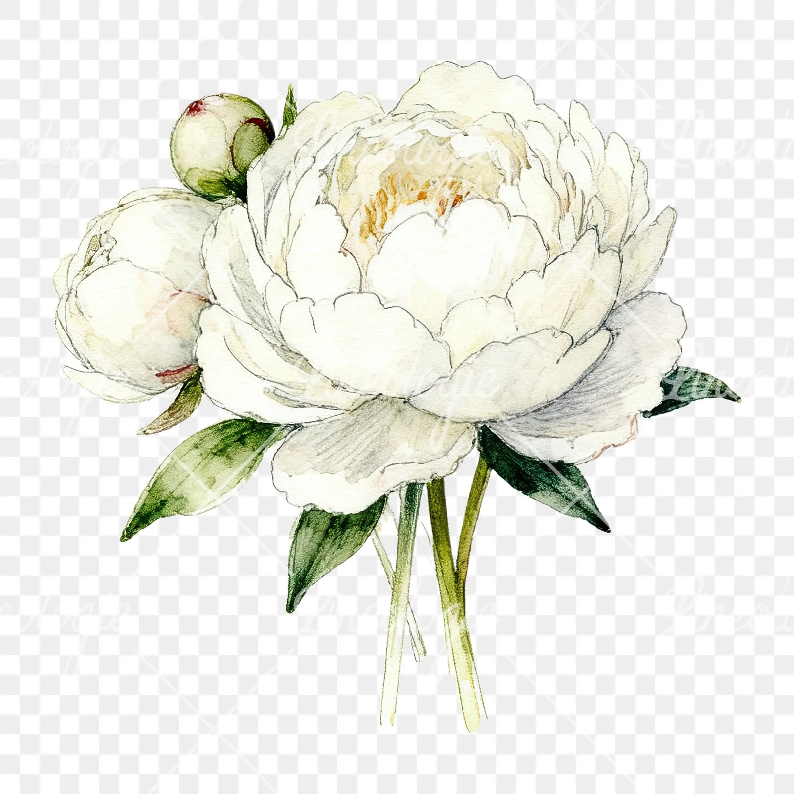Watercolor white peony bouquet with cream accents clipart 10 of 12 on a transparent background (PNG)