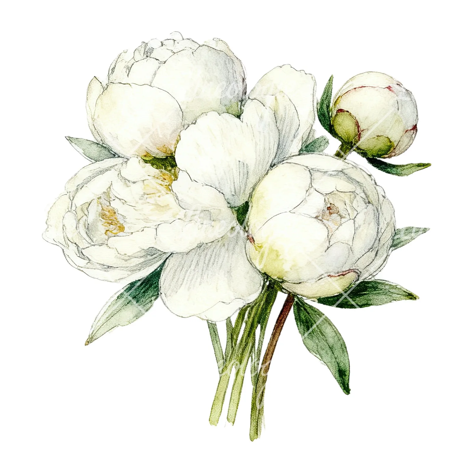 Watercolor white peony bouquet with cream accents clipart 11 of 12 on a white background (JPG)