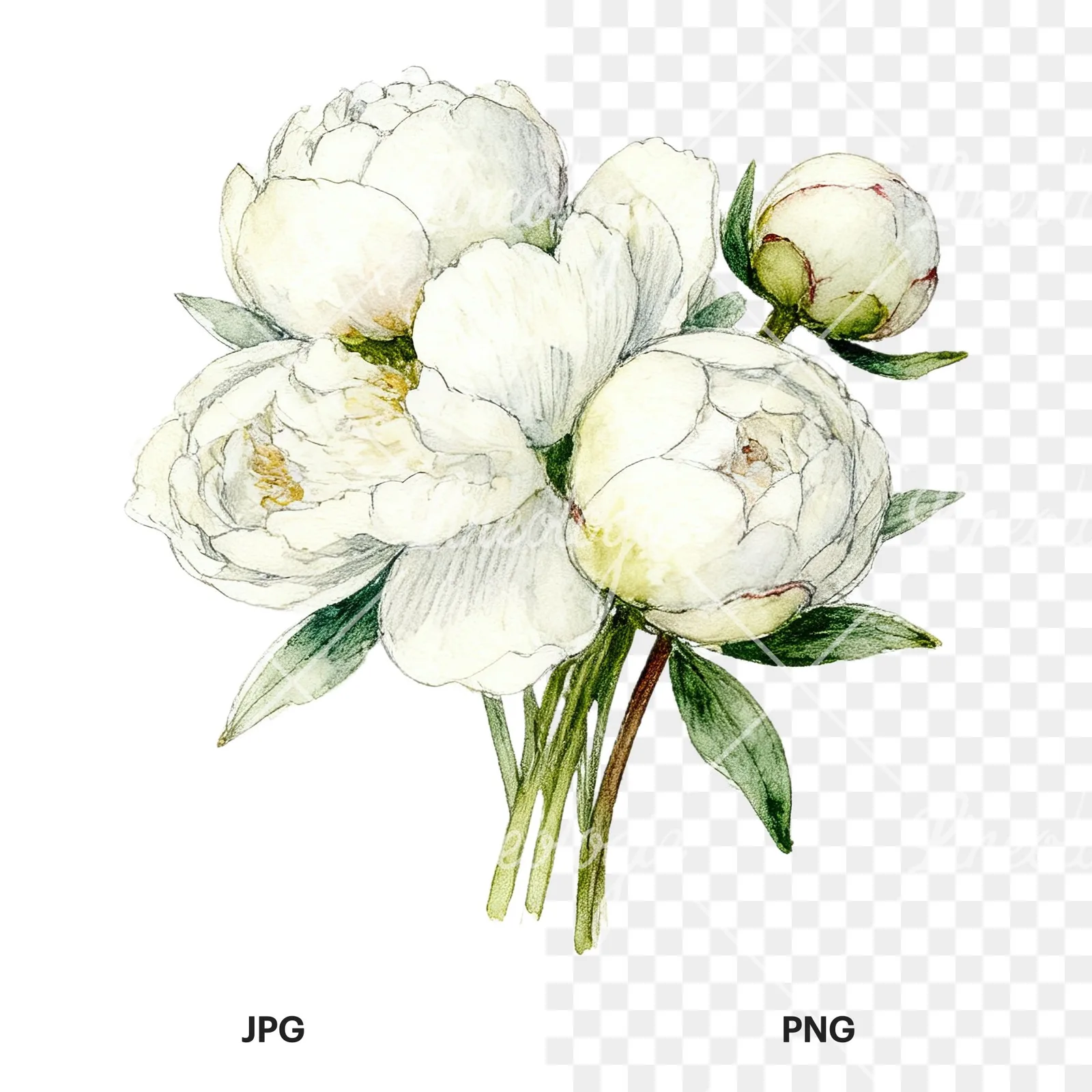 Watercolor white peony bouquet with cream accents clipart 11 of 12, as a JPG on white and a transparent PNG