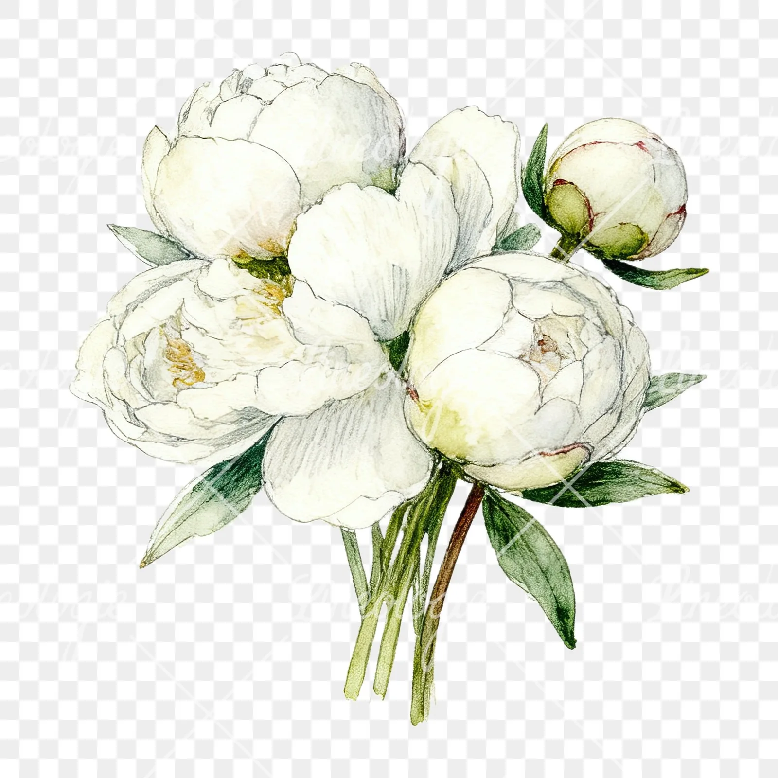 Watercolor white peony bouquet with cream accents clipart 11 of 12 on a transparent background (PNG)