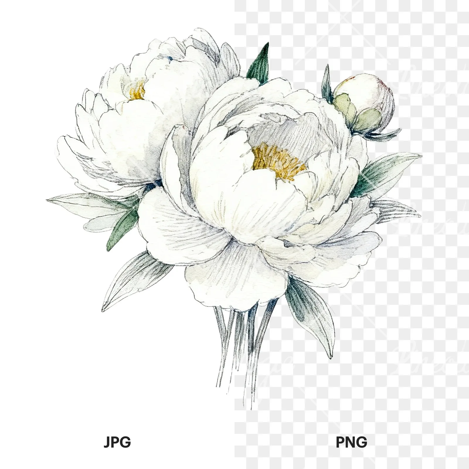 Watercolor white peony bouquet with cream accents clipart 12 of 12, as a JPG on white and a transparent PNG