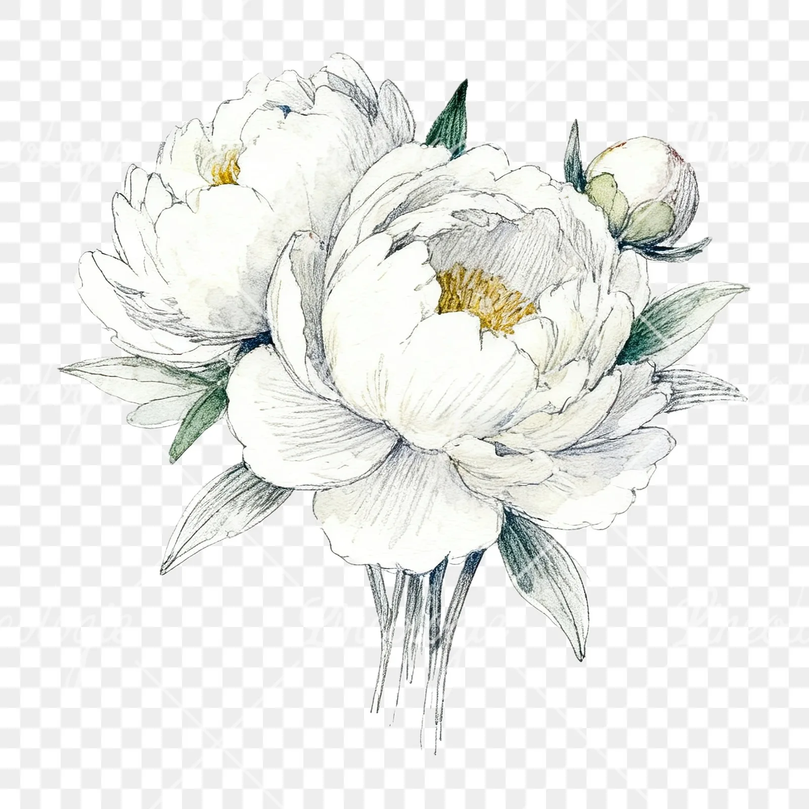 Watercolor white peony bouquet with cream accents clipart 12 of 12 on a transparent background (PNG)