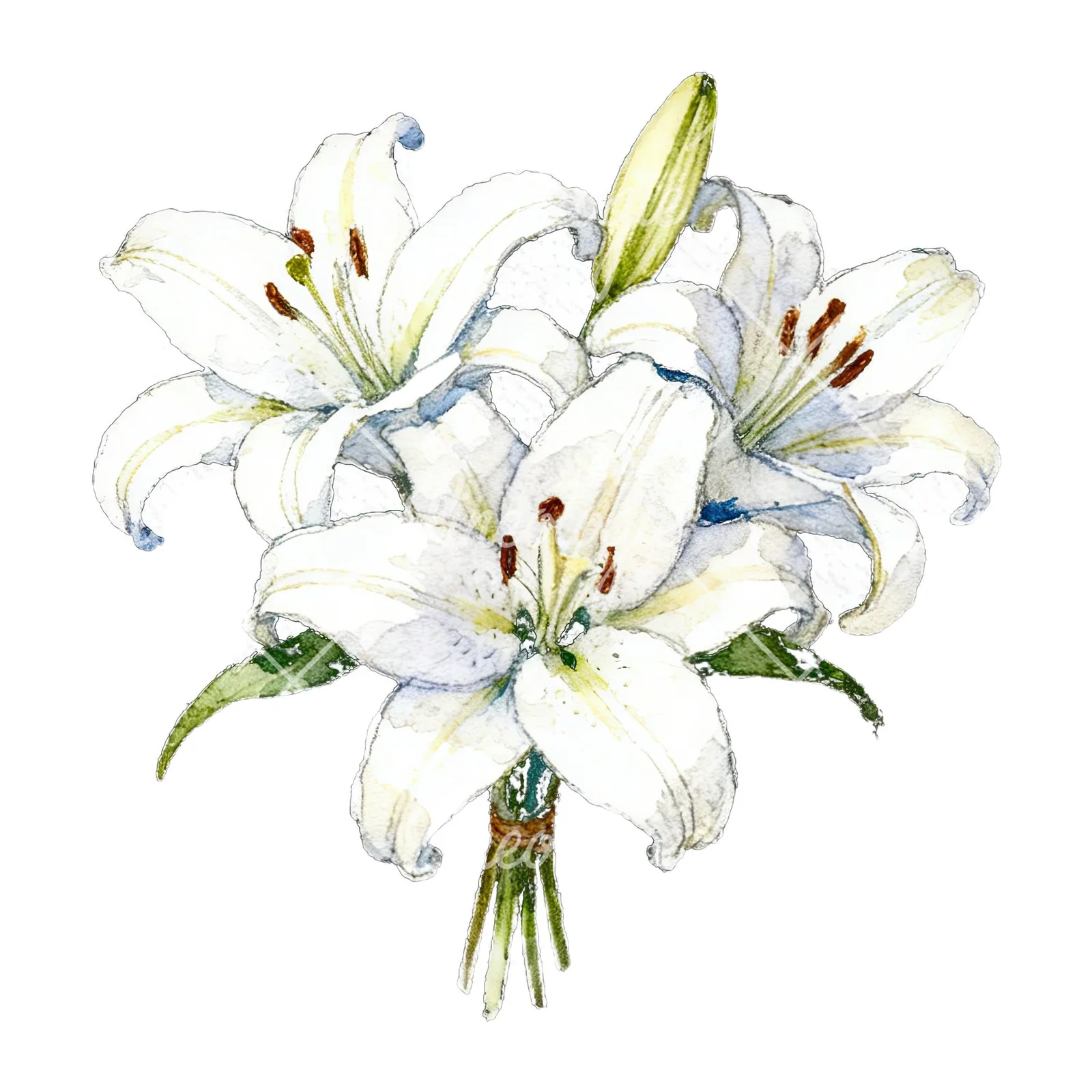 Watercolor white purple lily bouquet with green stems clipart 1 of 12 on a white background (JPG)