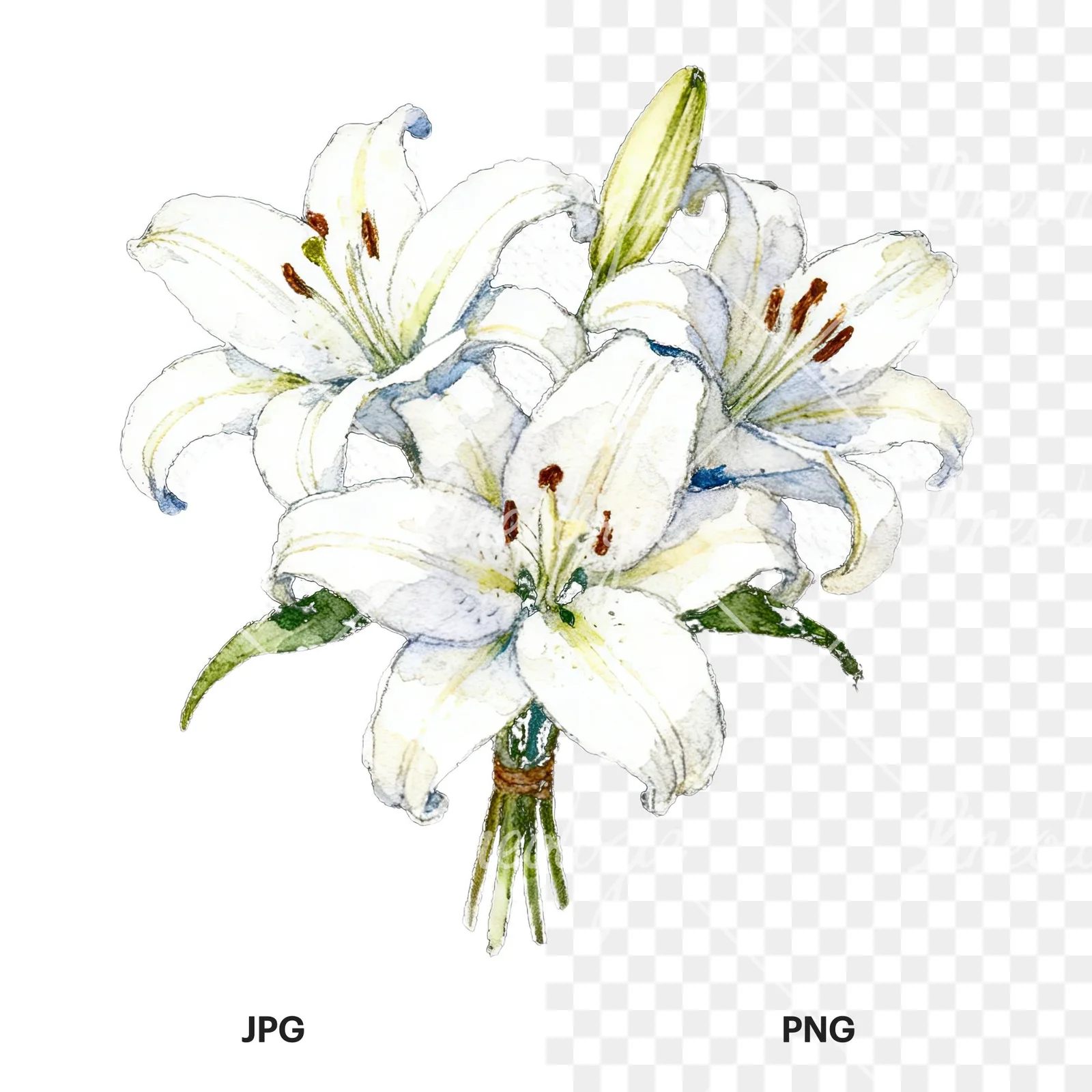 Watercolor white purple lily bouquet with green stems clipart 1 of 12, as a JPG on white and a transparent PNG