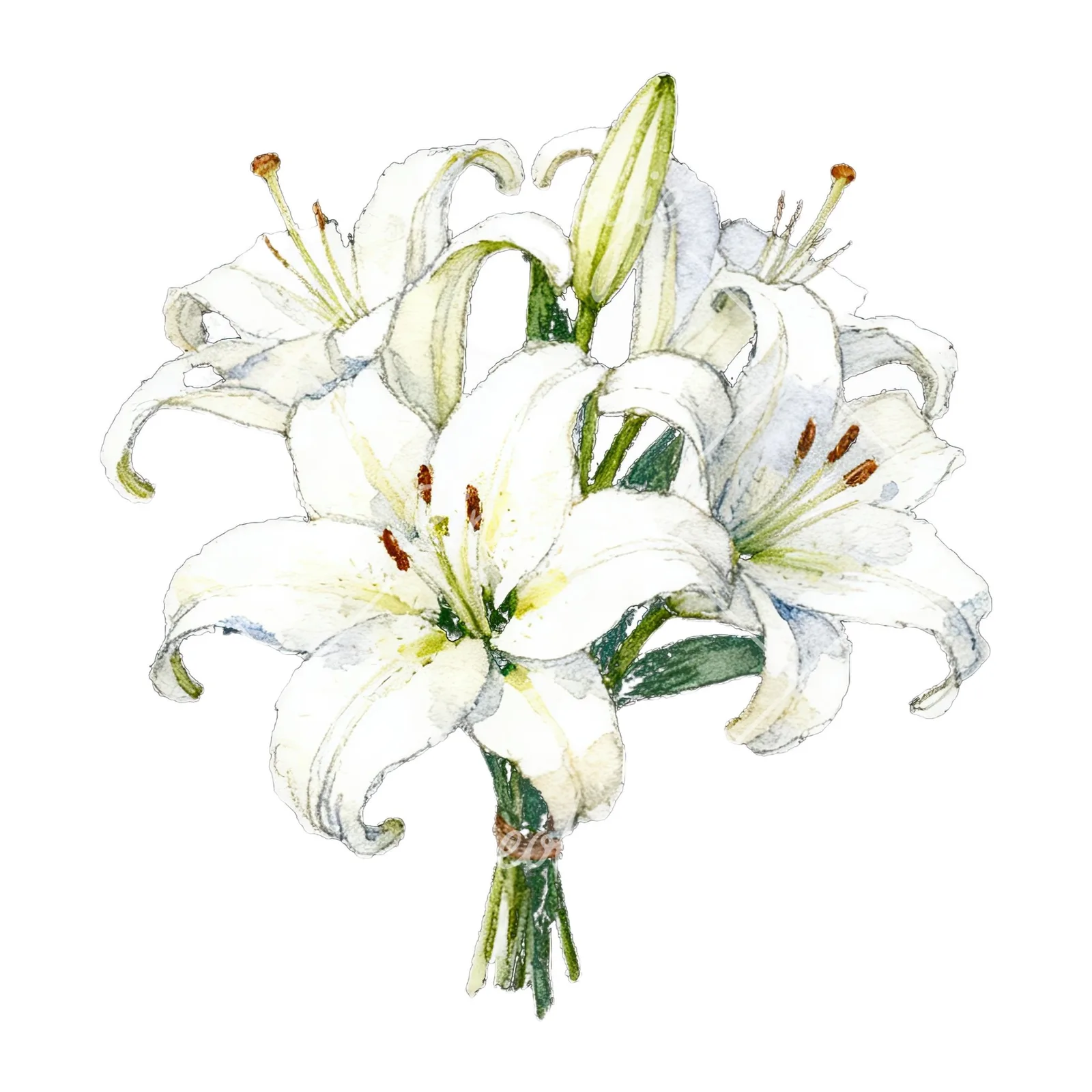 Watercolor white purple lily bouquet with green stems clipart 2 of 12 on a white background (JPG)
