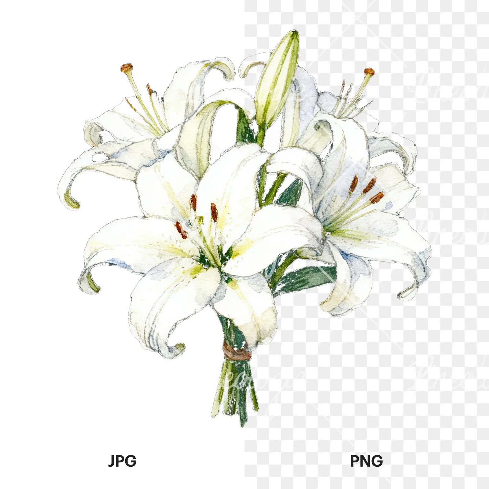 Watercolor white purple lily bouquet with green stems clipart 2 of 12, as a JPG on white and a transparent PNG