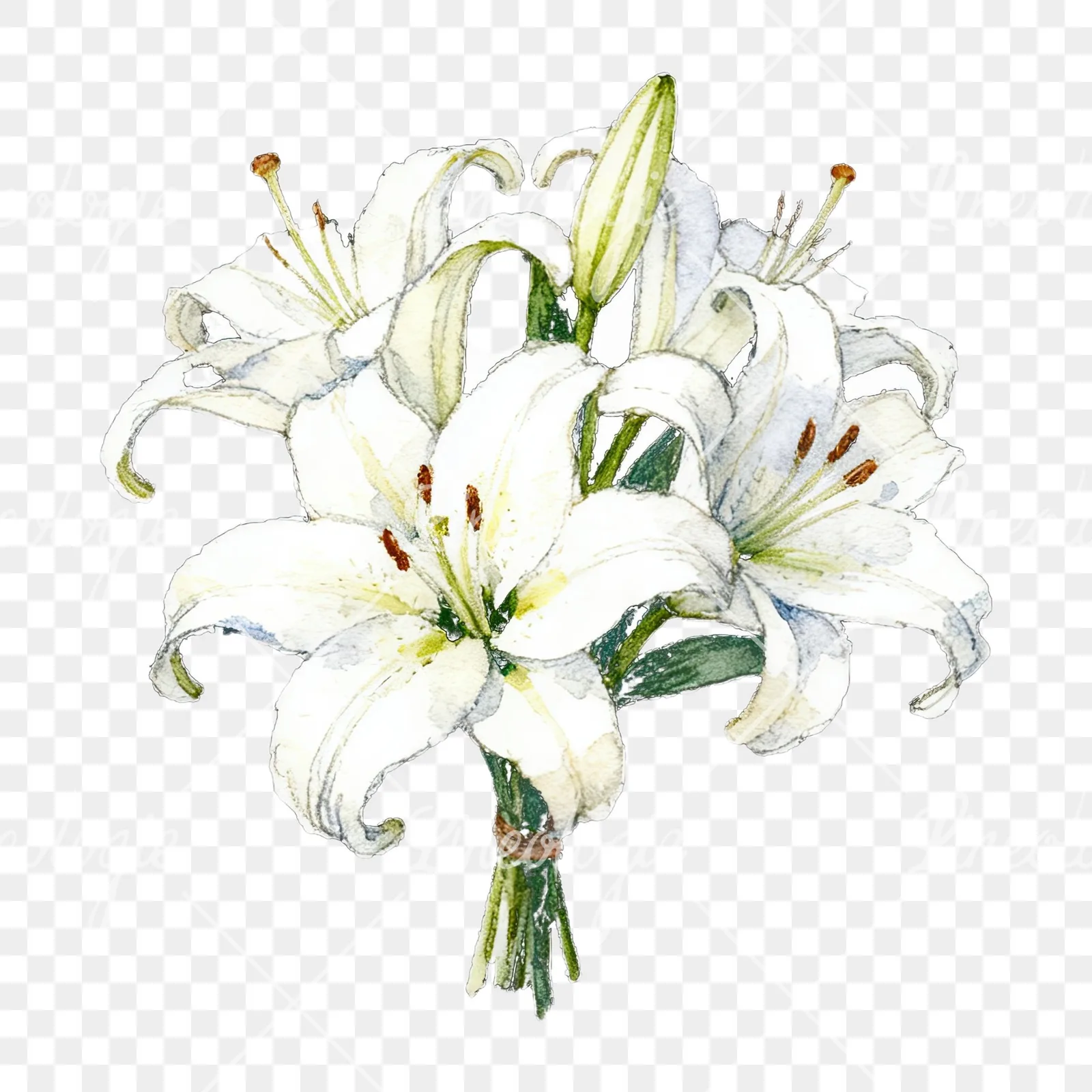 Watercolor white purple lily bouquet with green stems clipart 2 of 12 on a transparent background (PNG)
