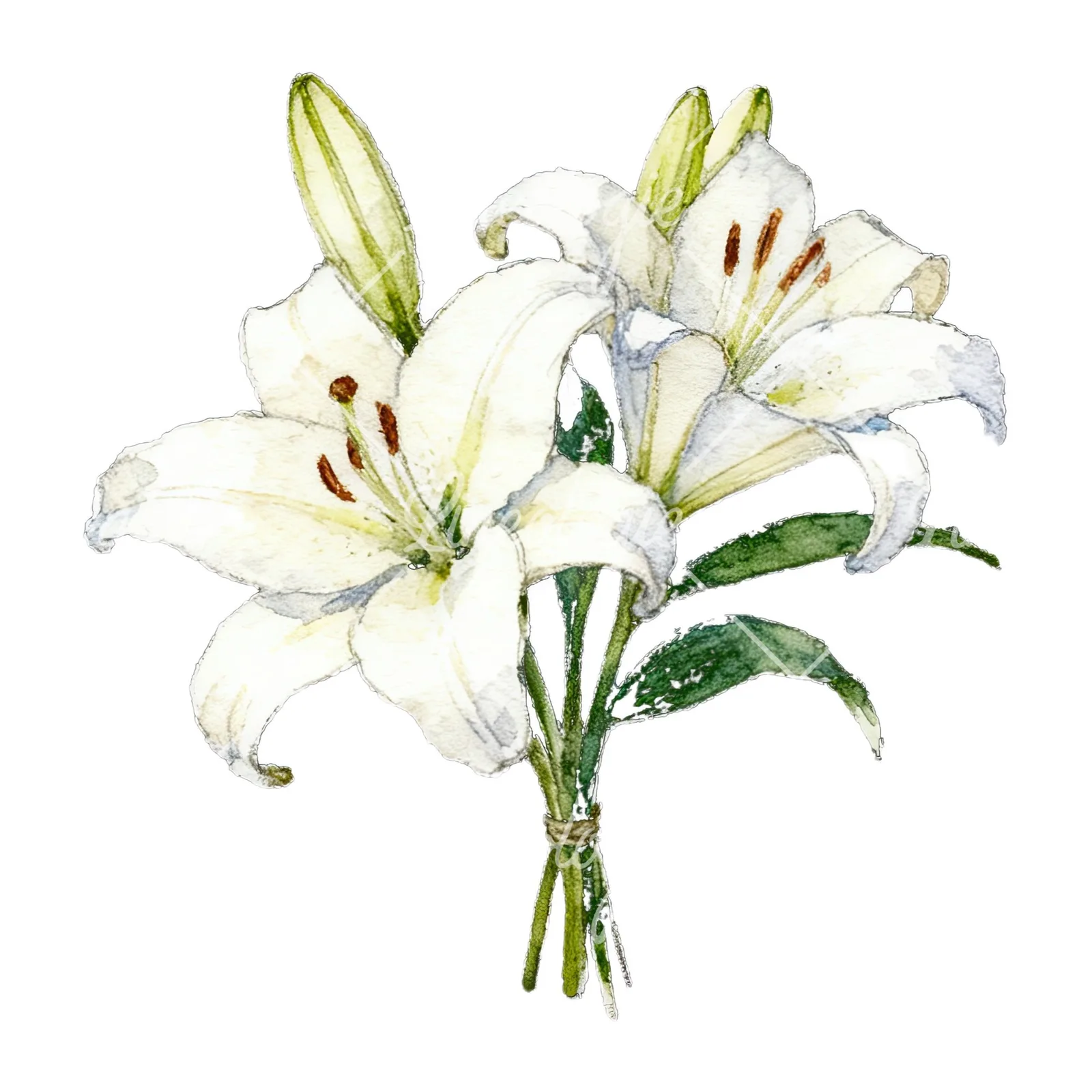Watercolor white purple lily bouquet with green stems clipart 3 of 12 on a white background (JPG)