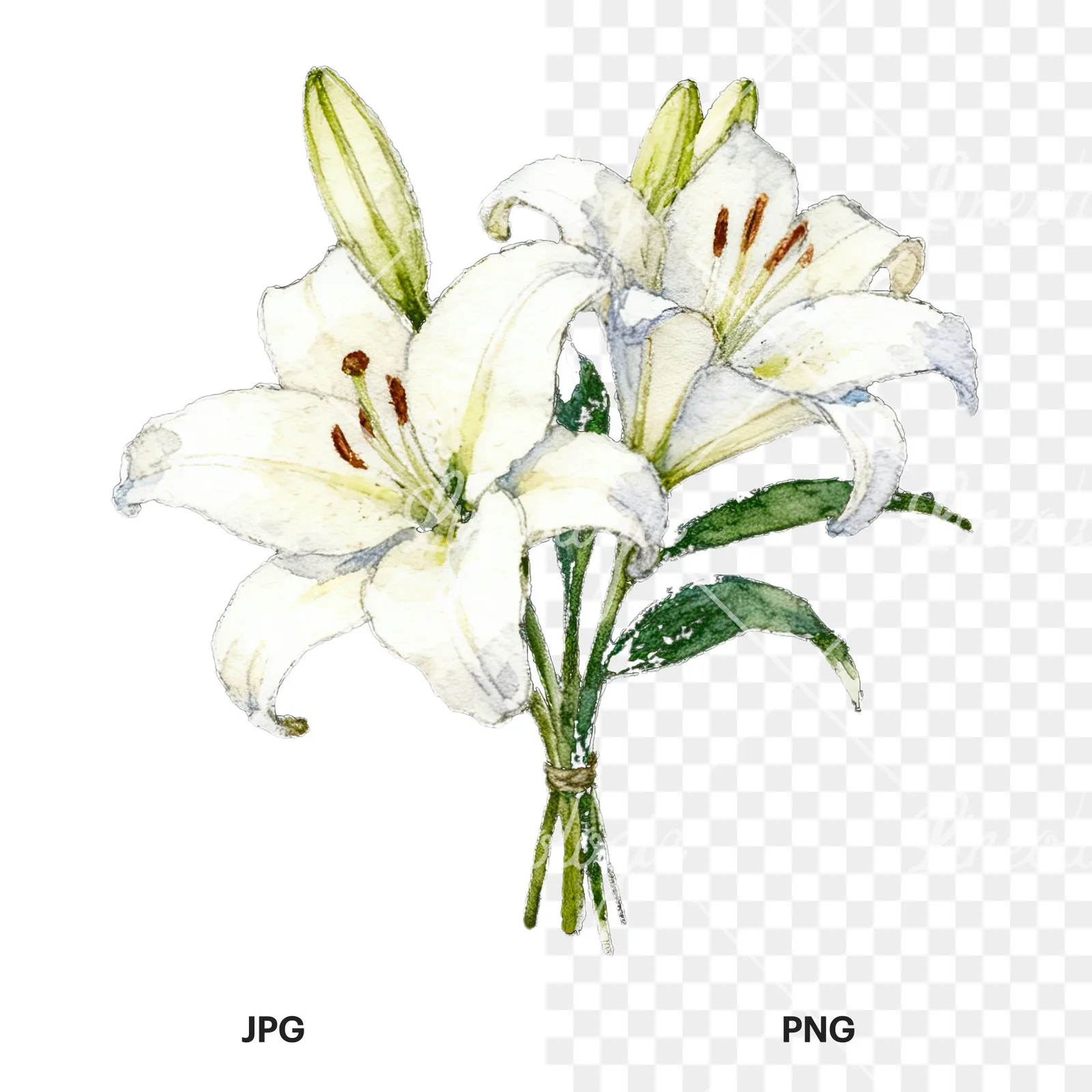 Watercolor white purple lily bouquet with green stems clipart 3 of 12, as a JPG on white and a transparent PNG