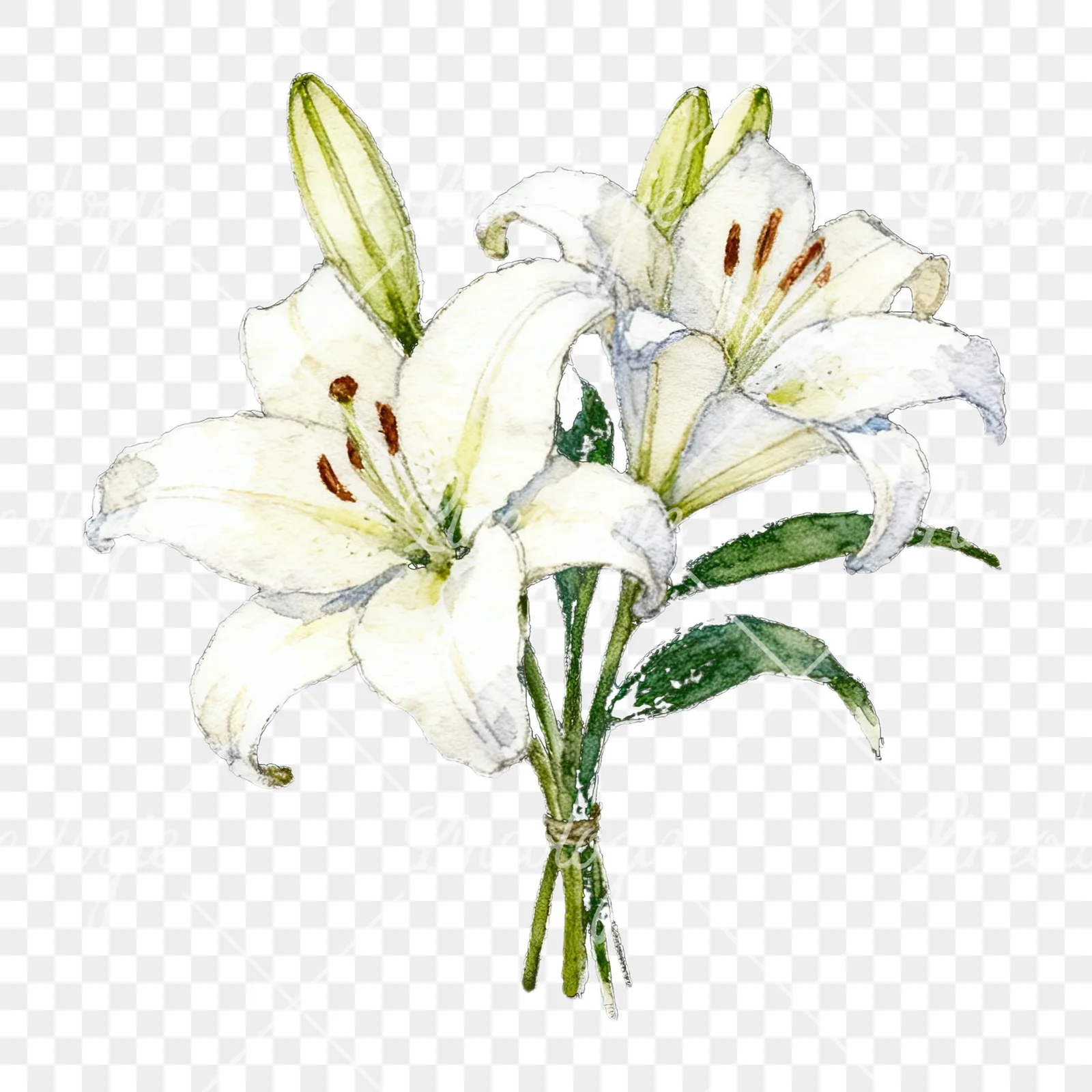 Watercolor white purple lily bouquet with green stems clipart 3 of 12 on a transparent background (PNG)