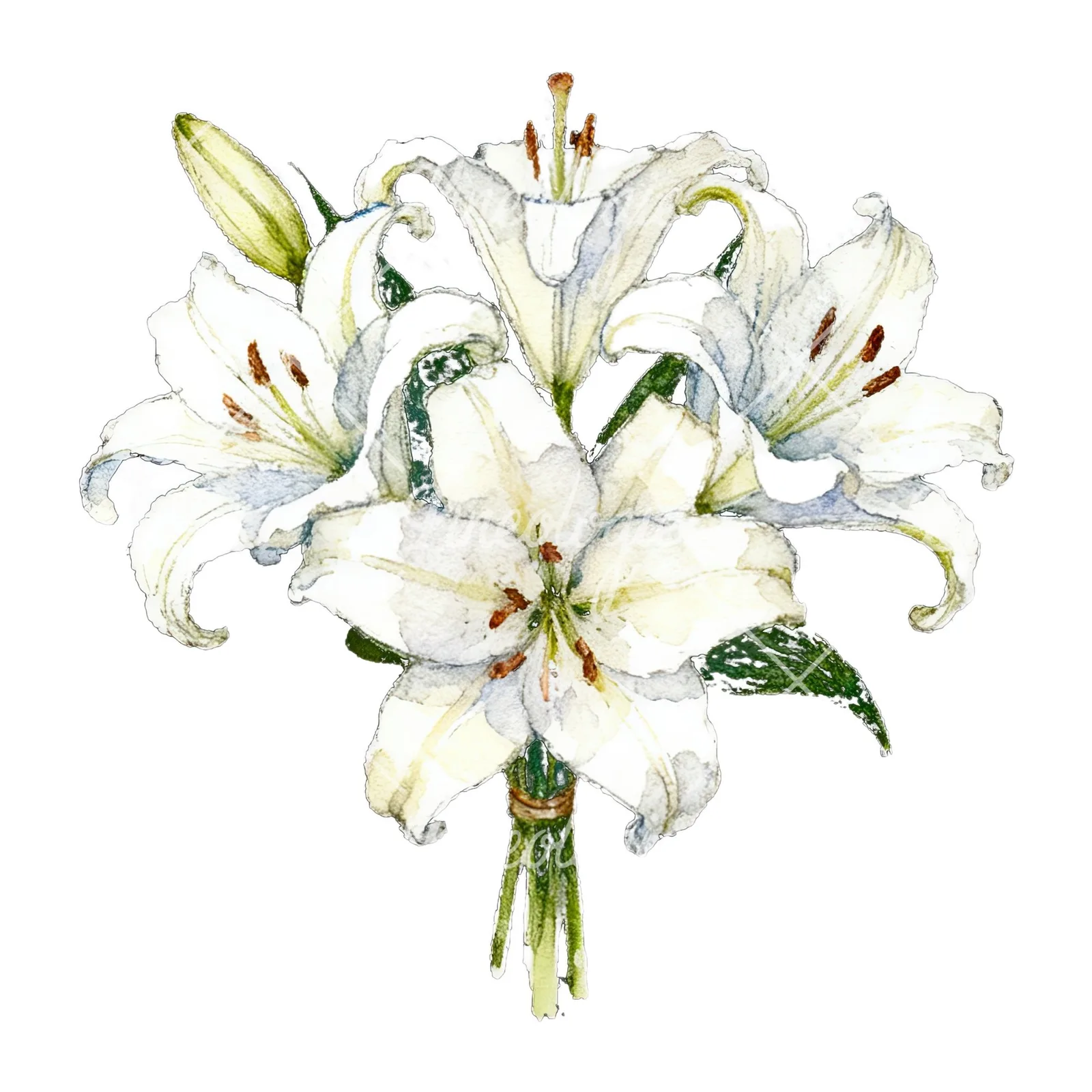 Watercolor white purple lily bouquet with green stems clipart 4 of 12 on a white background (JPG)