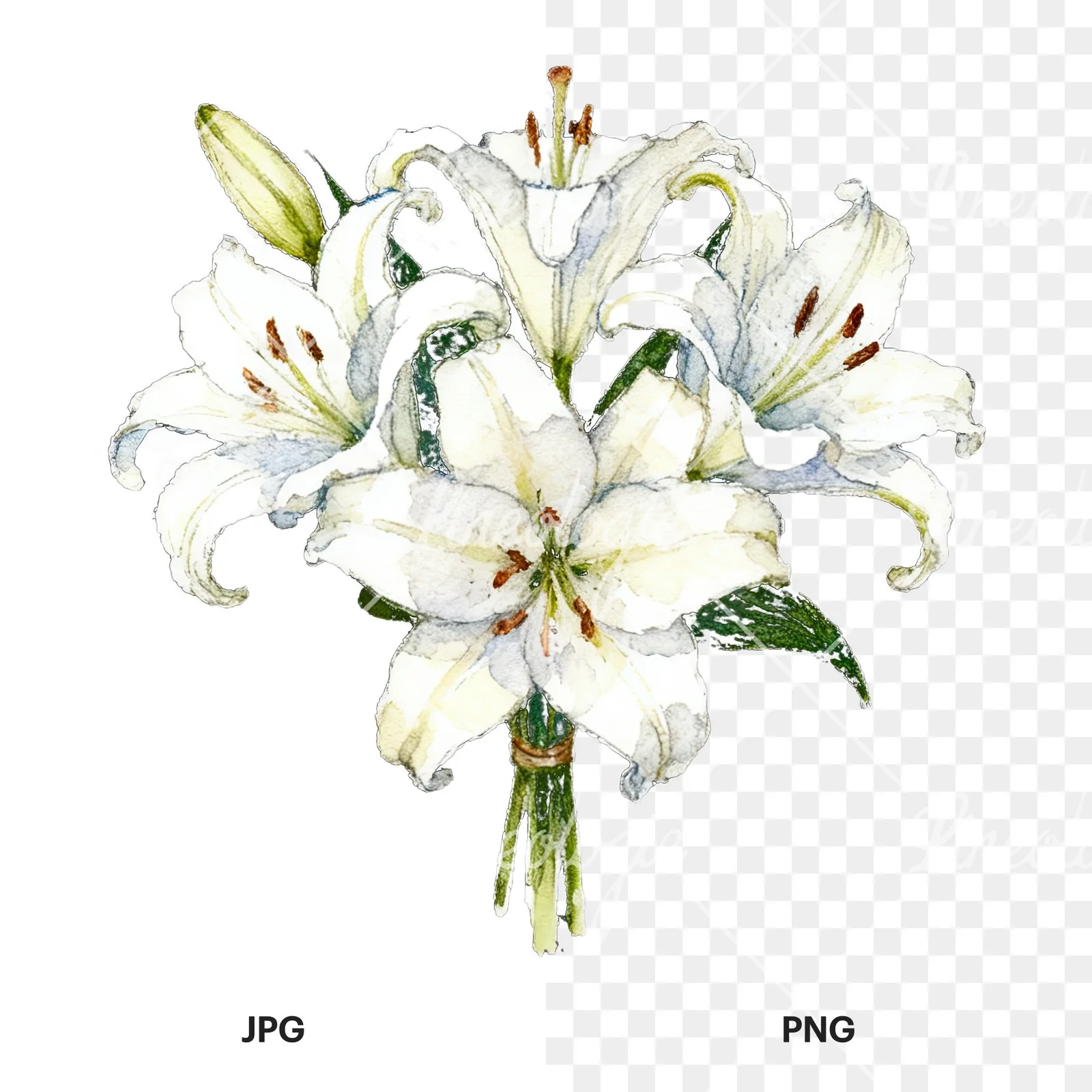 Watercolor white purple lily bouquet with green stems clipart 4 of 12, as a JPG on white and a transparent PNG