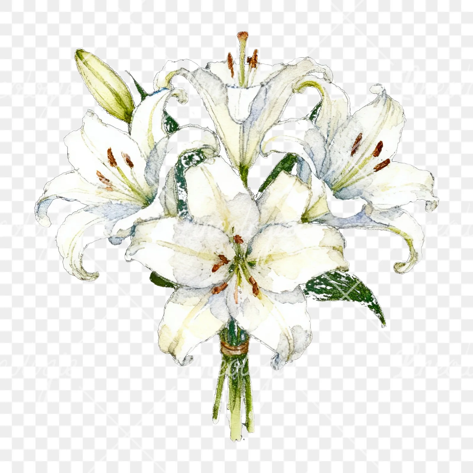 Watercolor white purple lily bouquet with green stems clipart 4 of 12 on a transparent background (PNG)