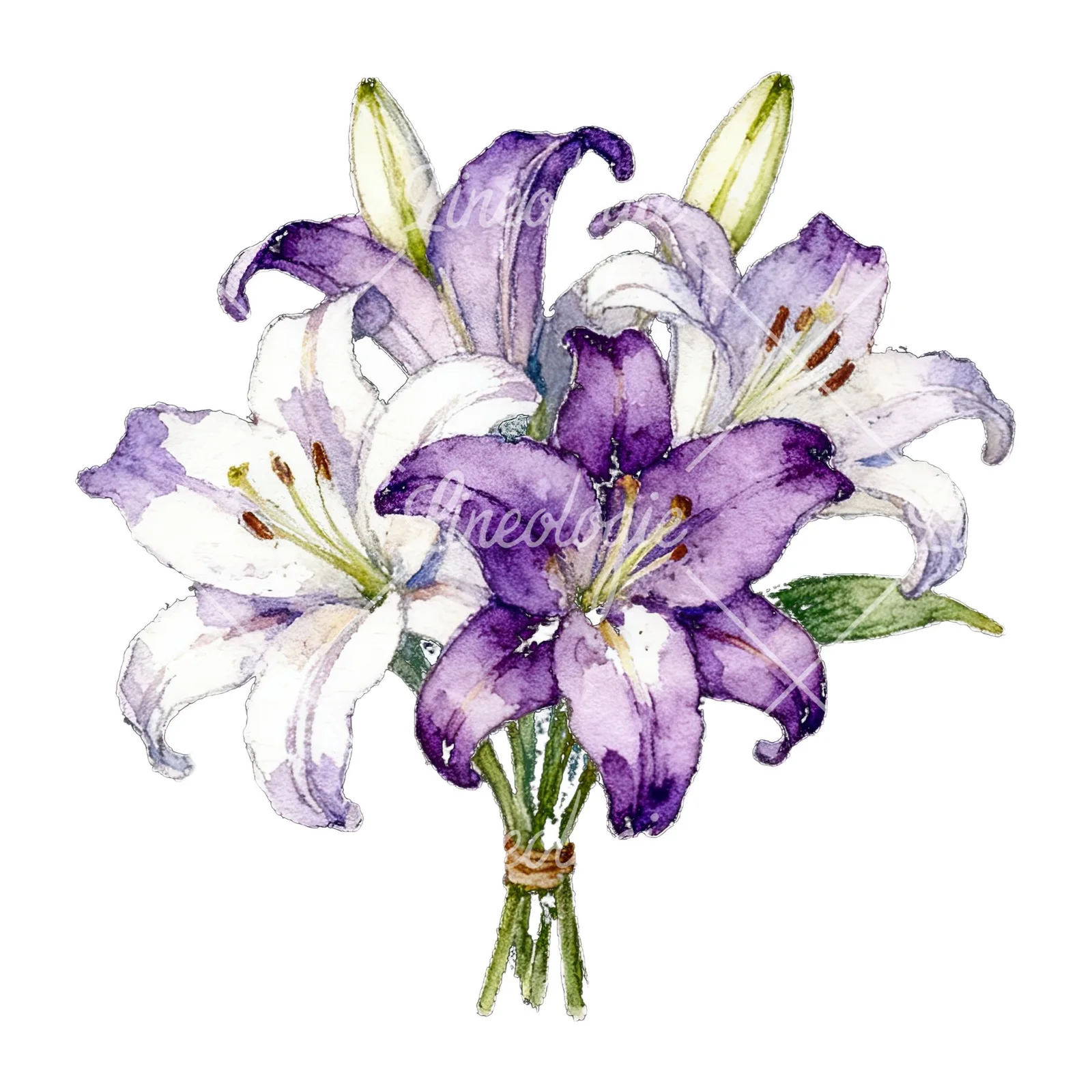 Watercolor white purple lily bouquet with green stems clipart 5 of 12 on a white background (JPG)
