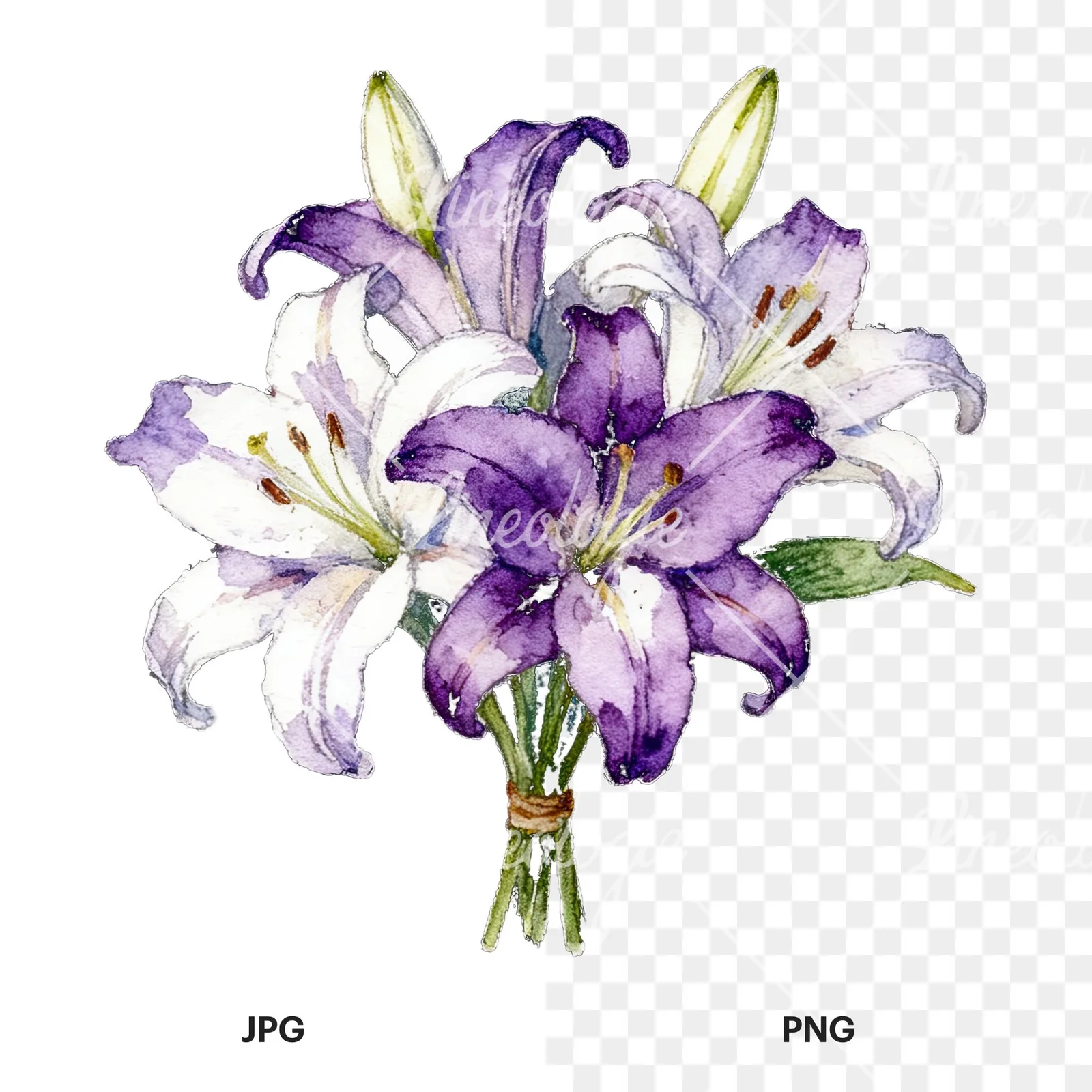 Watercolor white purple lily bouquet with green stems clipart 5 of 12, as a JPG on white and a transparent PNG