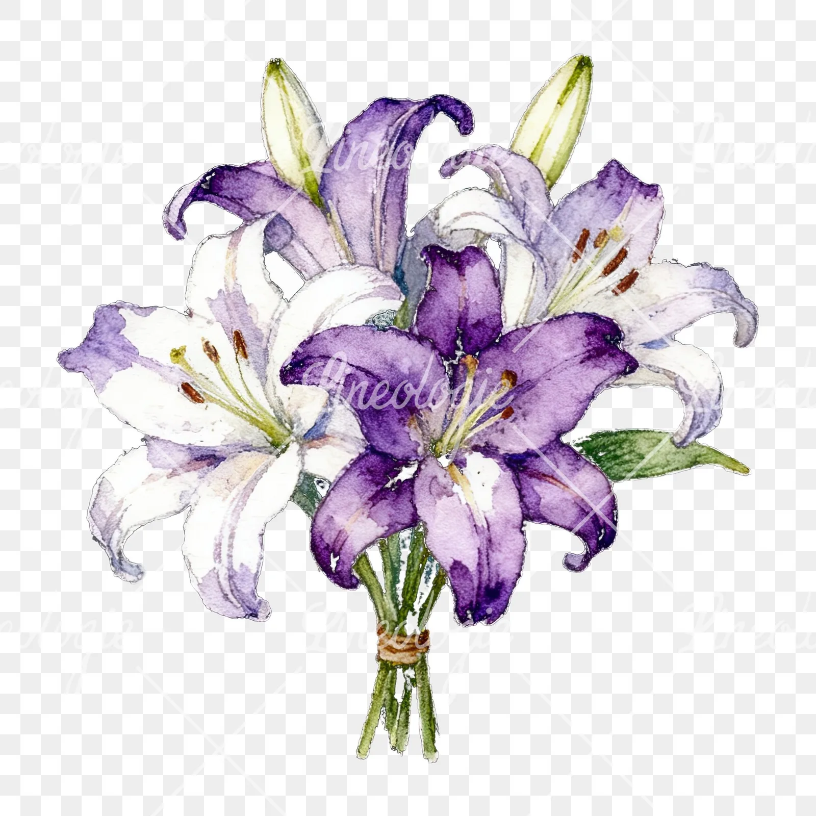Watercolor white purple lily bouquet with green stems clipart 5 of 12 on a transparent background (PNG)