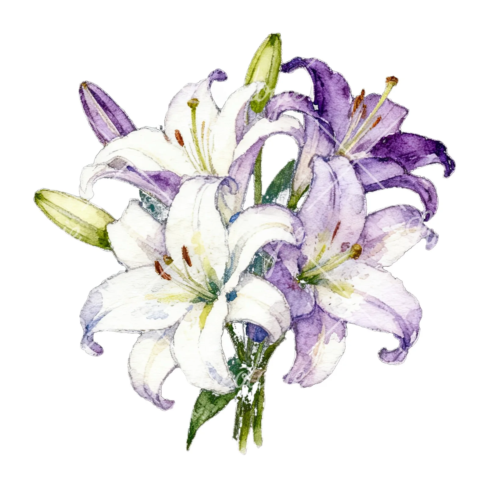 Watercolor white purple lily bouquet with green stems clipart 6 of 12 on a white background (JPG)