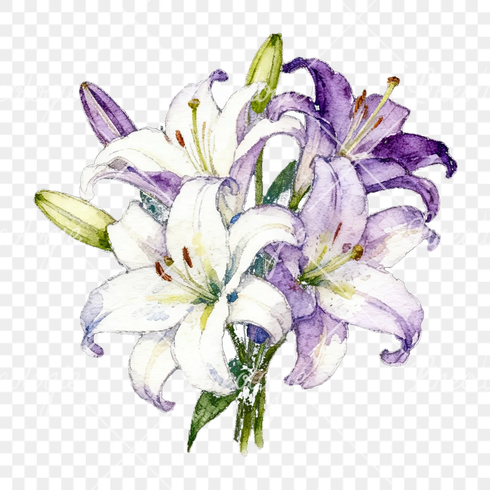 Watercolor white purple lily bouquet with green stems clipart 6 of 12 on a transparent background (PNG)