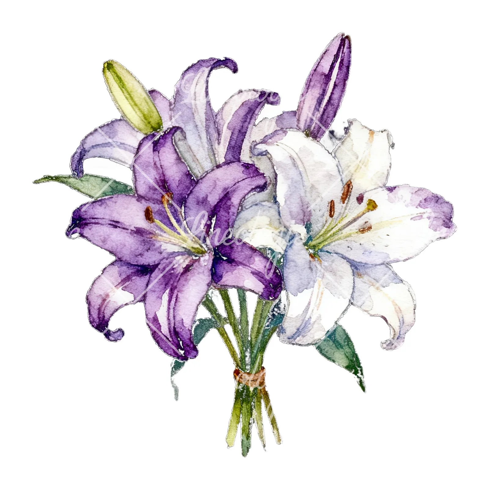 Watercolor white purple lily bouquet with green stems clipart 7 of 12 on a white background (JPG)