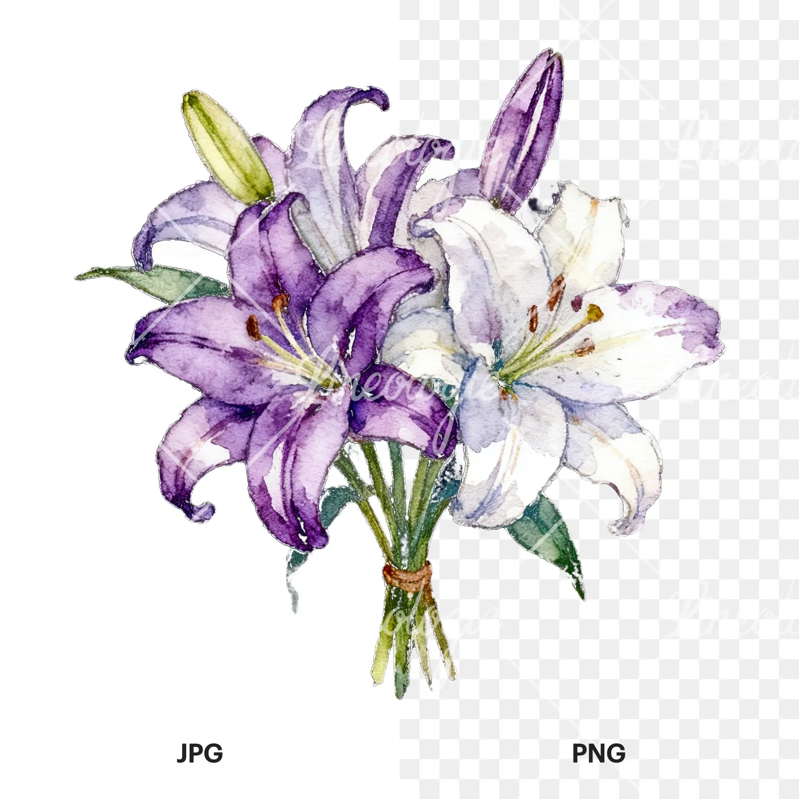 Watercolor white purple lily bouquet with green stems clipart 7 of 12, as a JPG on white and a transparent PNG