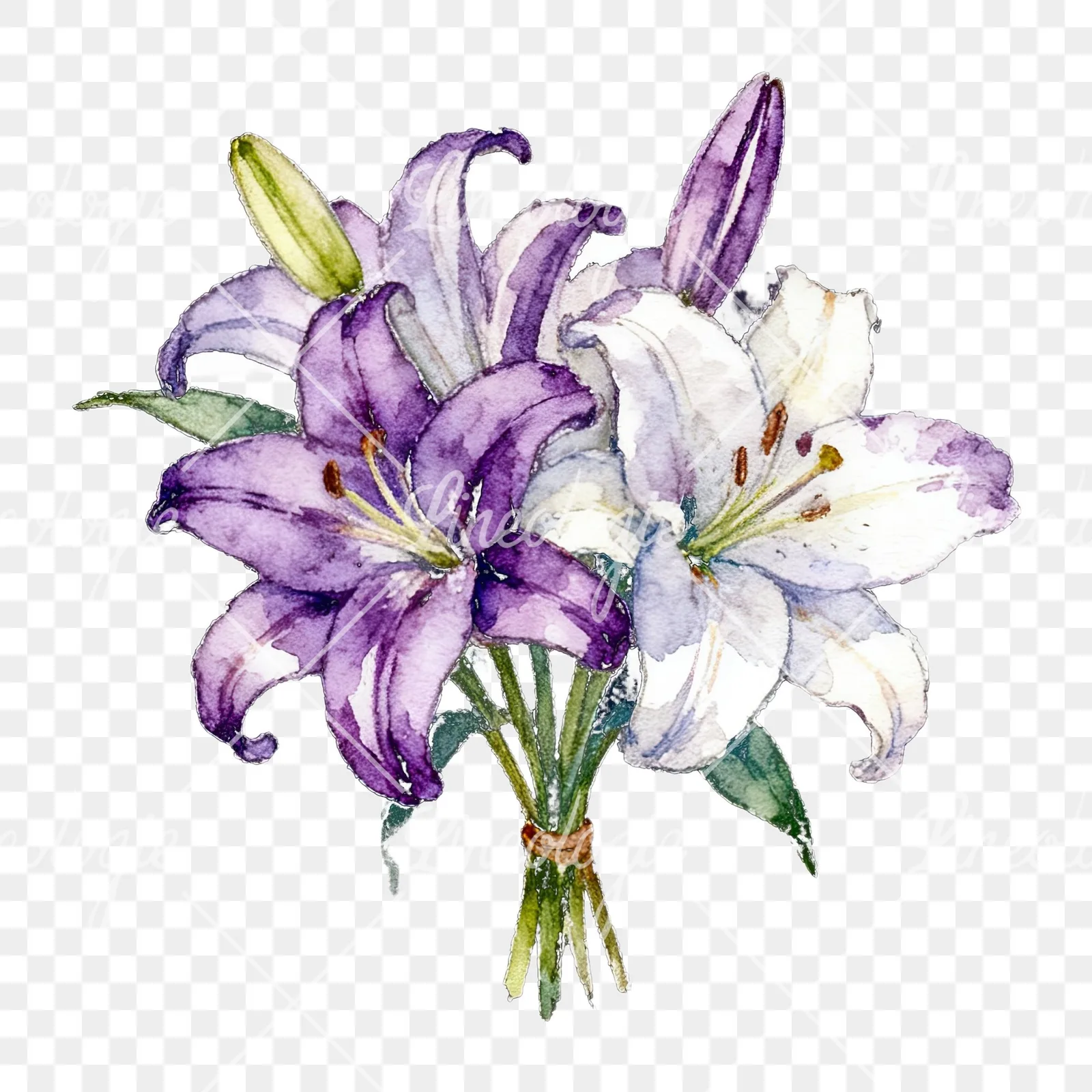 Watercolor white purple lily bouquet with green stems clipart 7 of 12 on a transparent background (PNG)