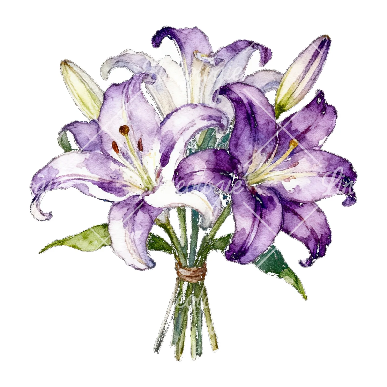 Watercolor white purple lily bouquet with green stems clipart 8 of 12 on a white background (JPG)