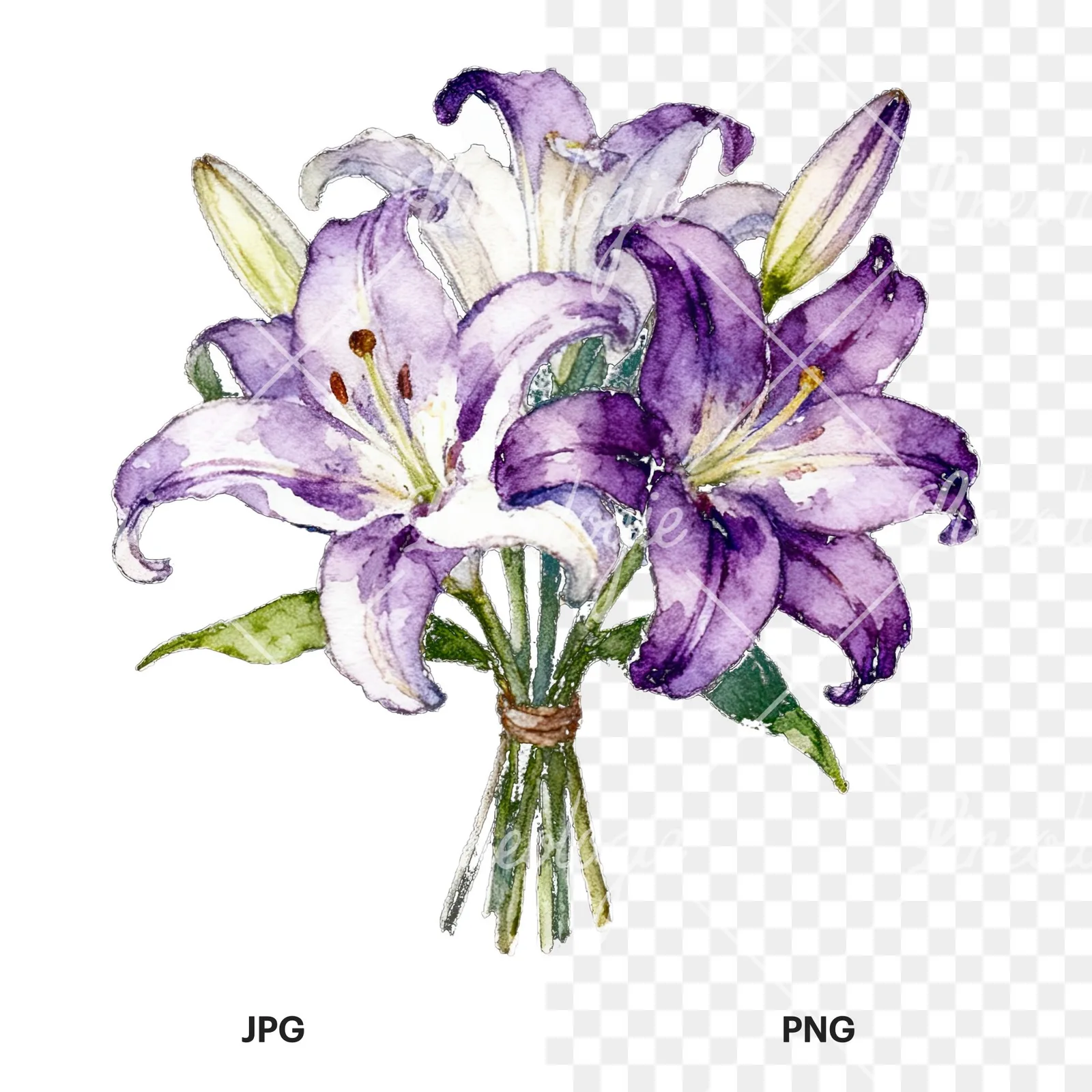 Watercolor white purple lily bouquet with green stems clipart 8 of 12, as a JPG on white and a transparent PNG