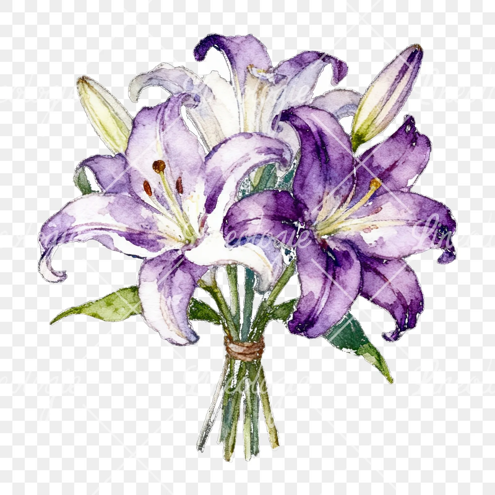 Watercolor white purple lily bouquet with green stems clipart 8 of 12 on a transparent background (PNG)
