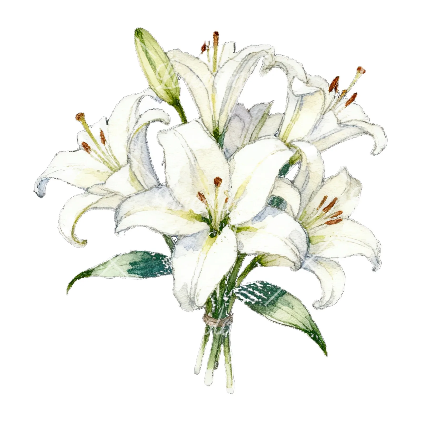 Watercolor white purple lily bouquet with green stems clipart 9 of 12 on a white background (JPG)