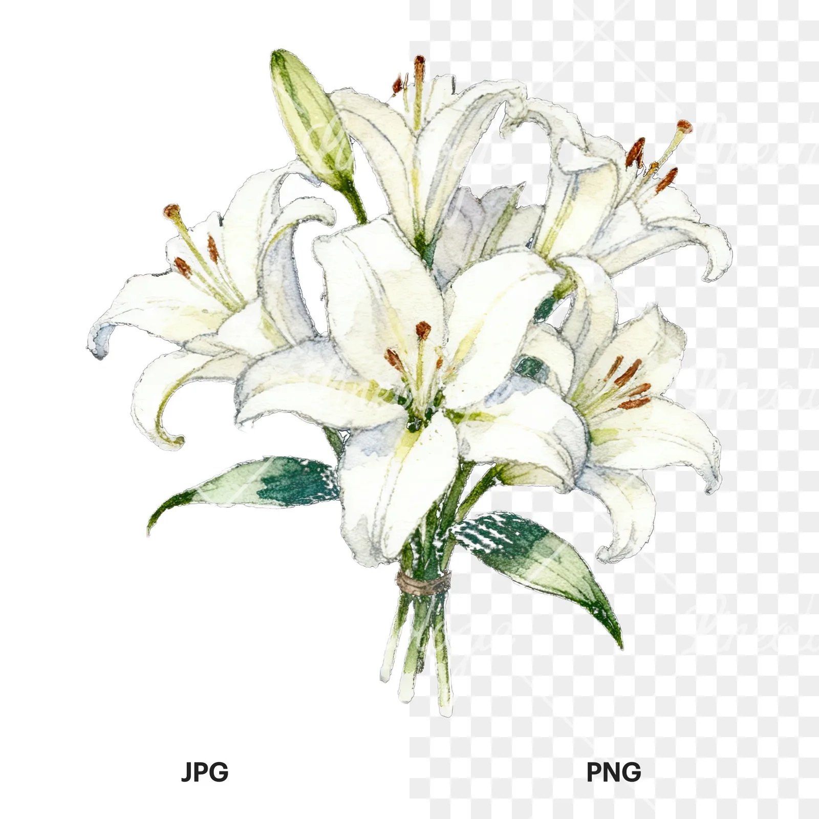 Watercolor white purple lily bouquet with green stems clipart 9 of 12, as a JPG on white and a transparent PNG