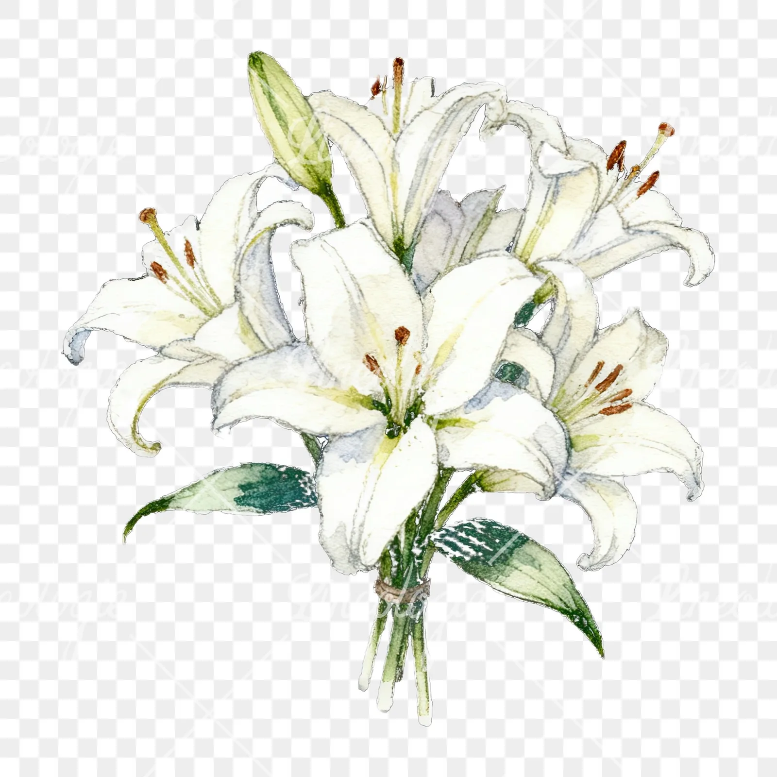 Watercolor white purple lily bouquet with green stems clipart 9 of 12 on a transparent background (PNG)