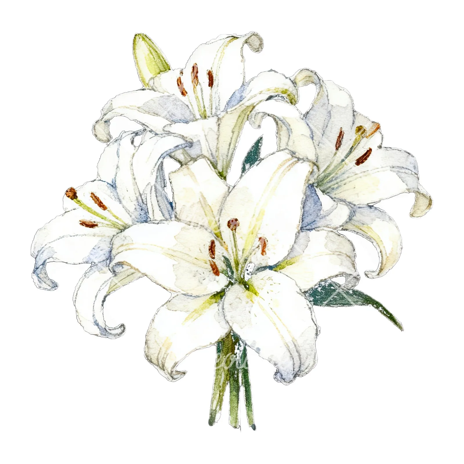 Watercolor white purple lily bouquet with green stems clipart 10 of 12 on a white background (JPG)