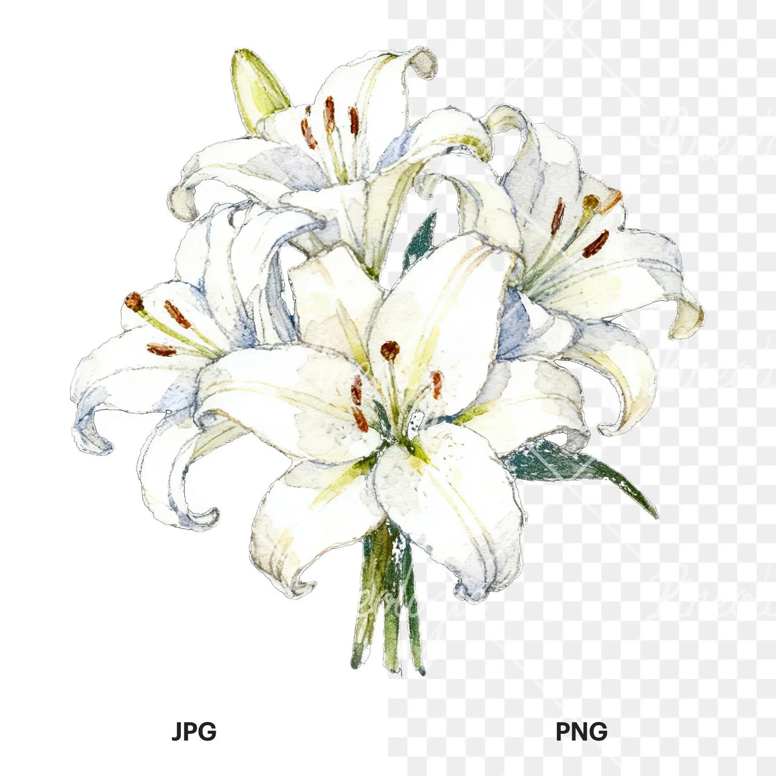 Watercolor white purple lily bouquet with green stems clipart 10 of 12, as a JPG on white and a transparent PNG
