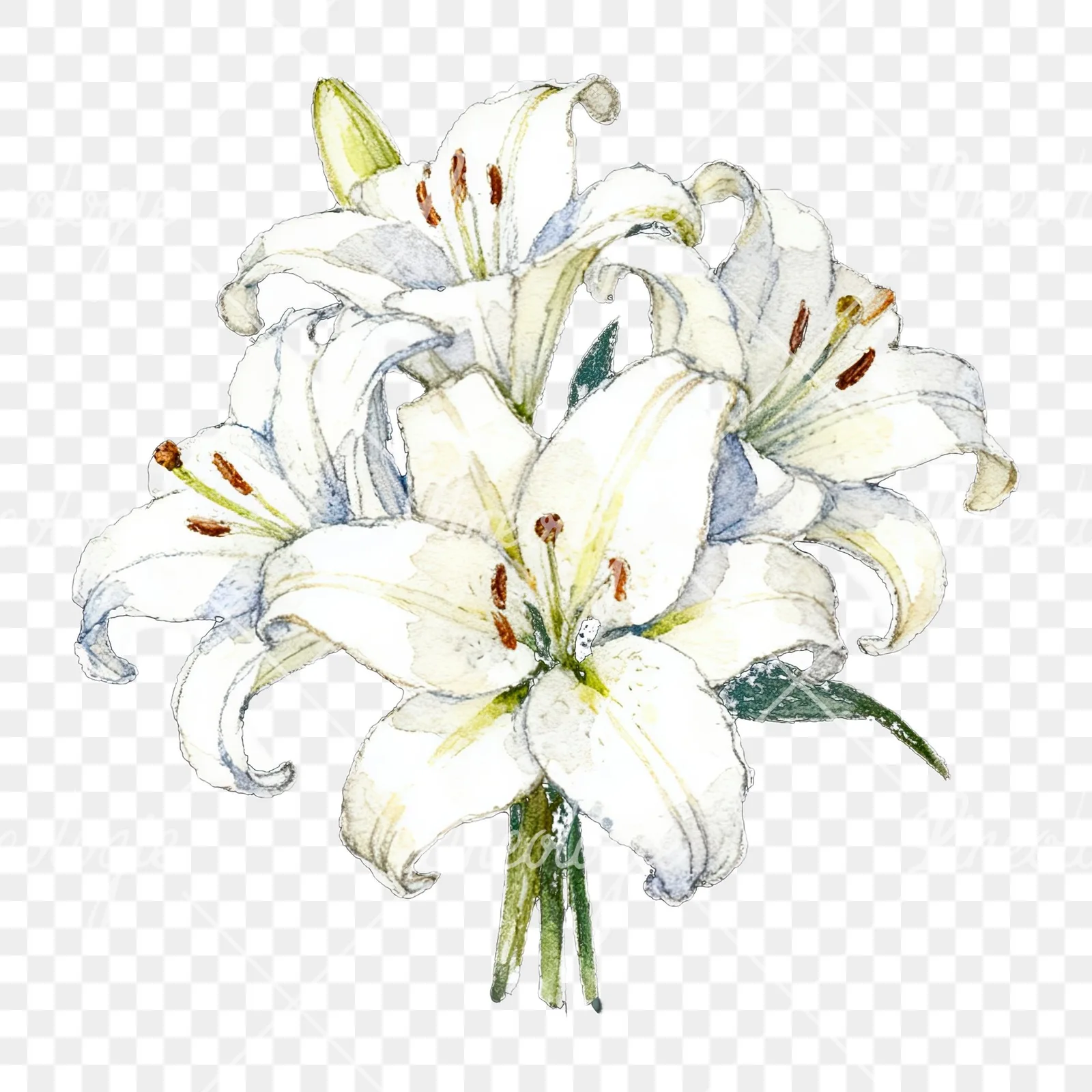 Watercolor white purple lily bouquet with green stems clipart 10 of 12 on a transparent background (PNG)
