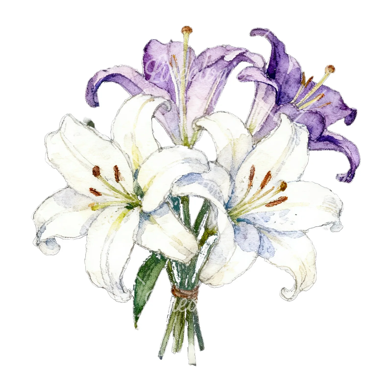 Watercolor white purple lily bouquet with green stems clipart 11 of 12 on a white background (JPG)