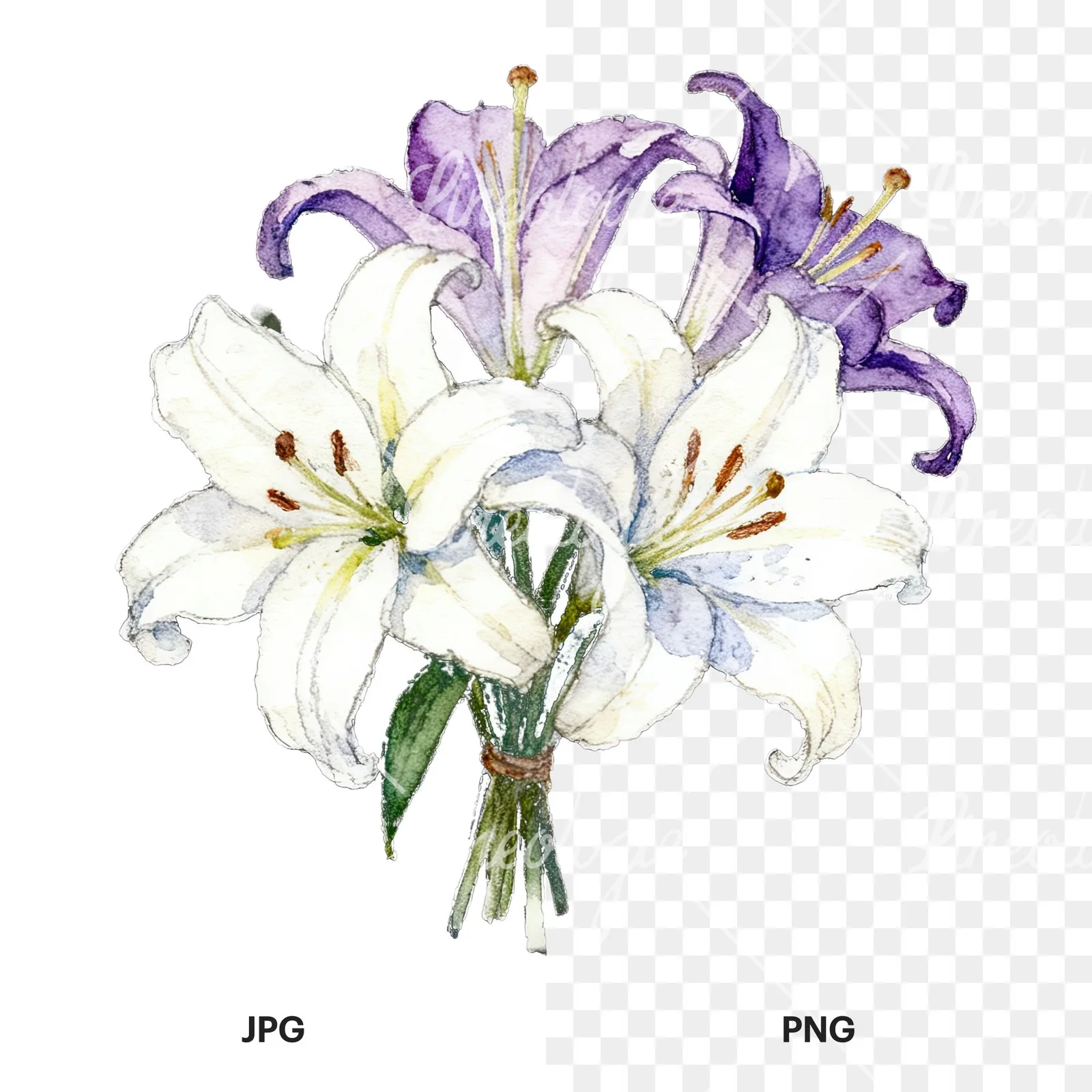 Watercolor white purple lily bouquet with green stems clipart 11 of 12, as a JPG on white and a transparent PNG