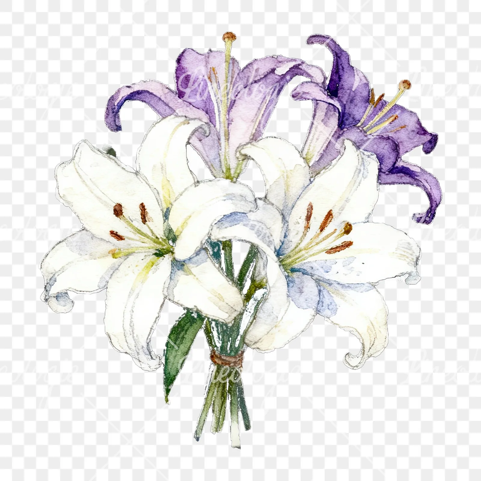 Watercolor white purple lily bouquet with green stems clipart 11 of 12 on a transparent background (PNG)
