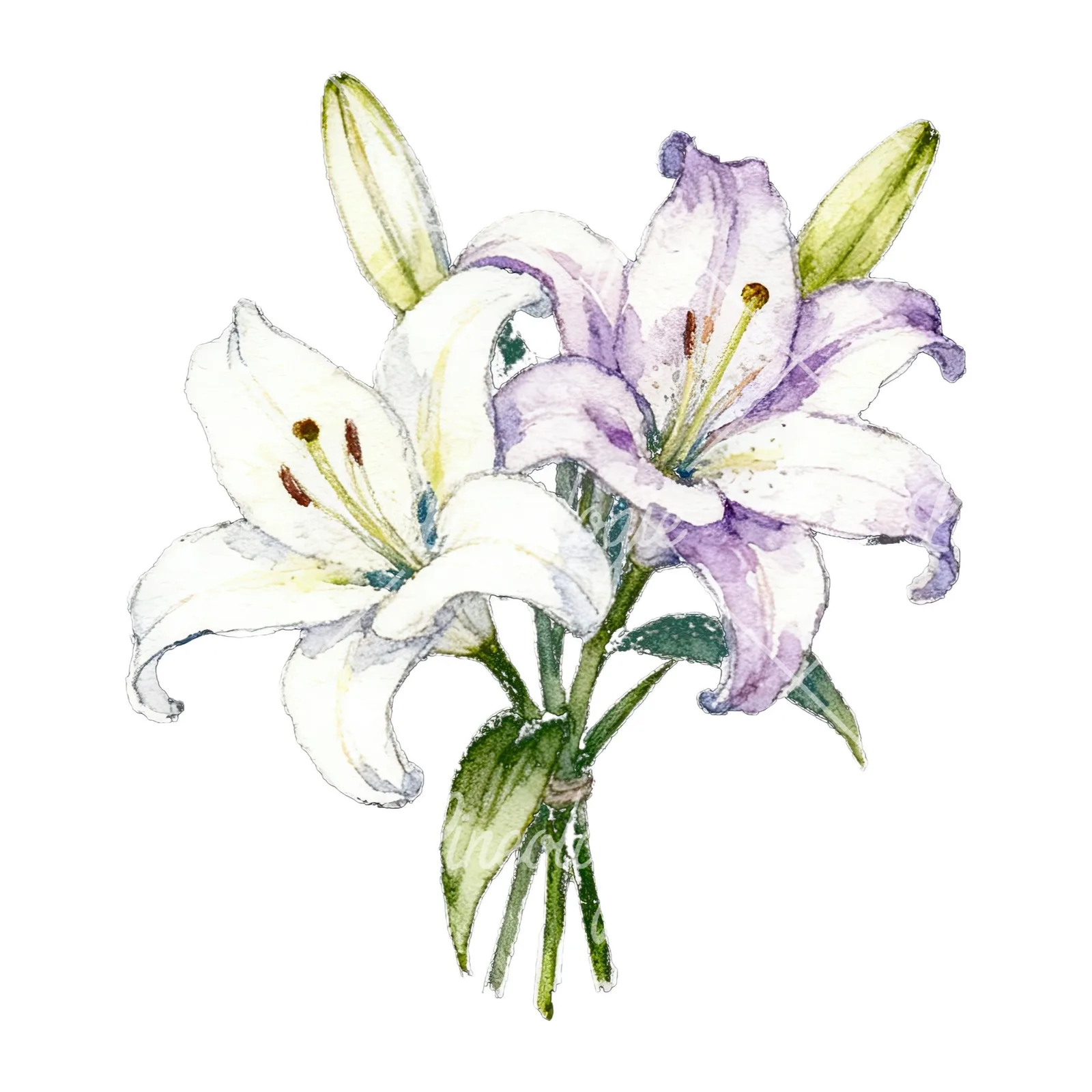 Watercolor white purple lily bouquet with green stems clipart 12 of 12 on a white background (JPG)