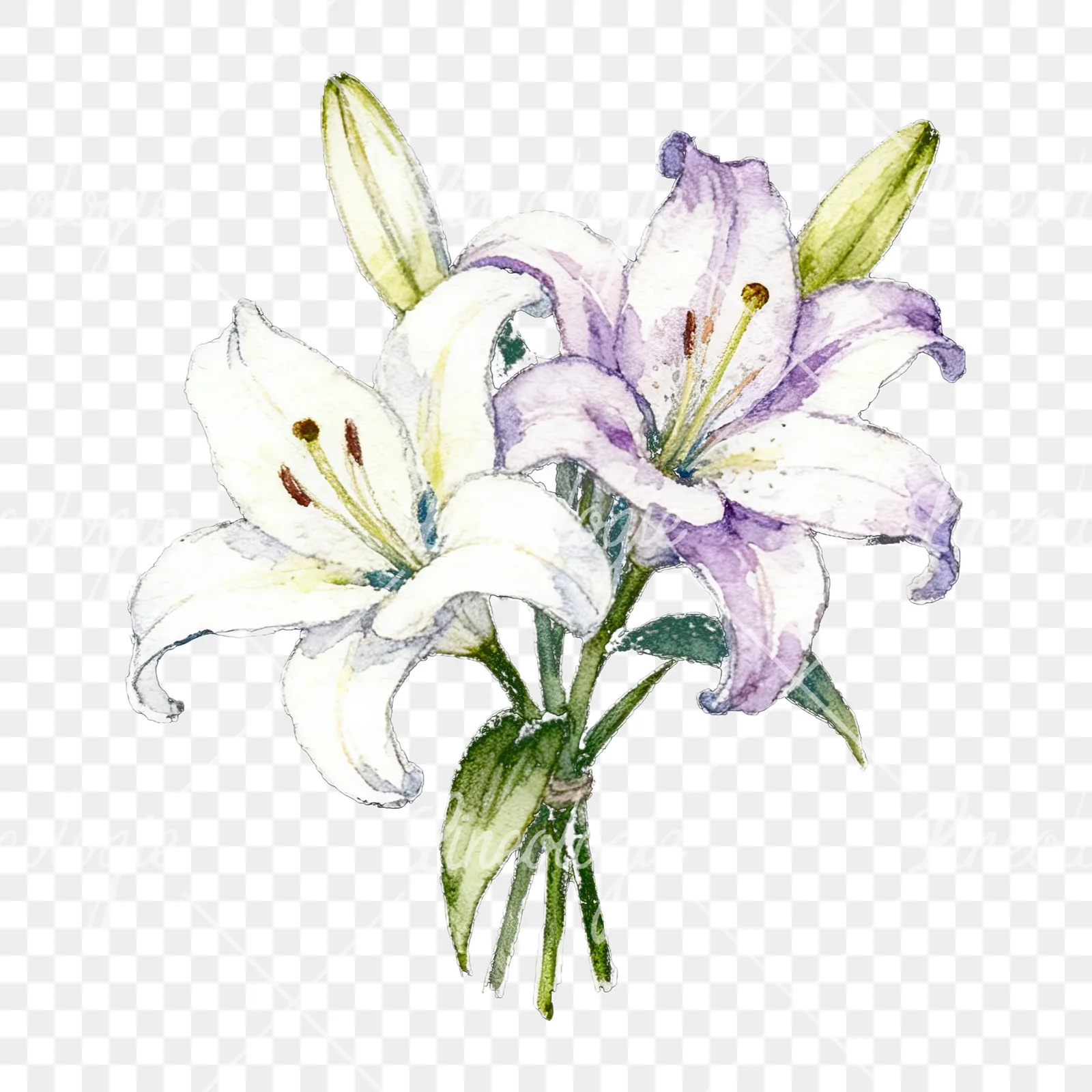 Watercolor white purple lily bouquet with green stems clipart 12 of 12 on a transparent background (PNG)