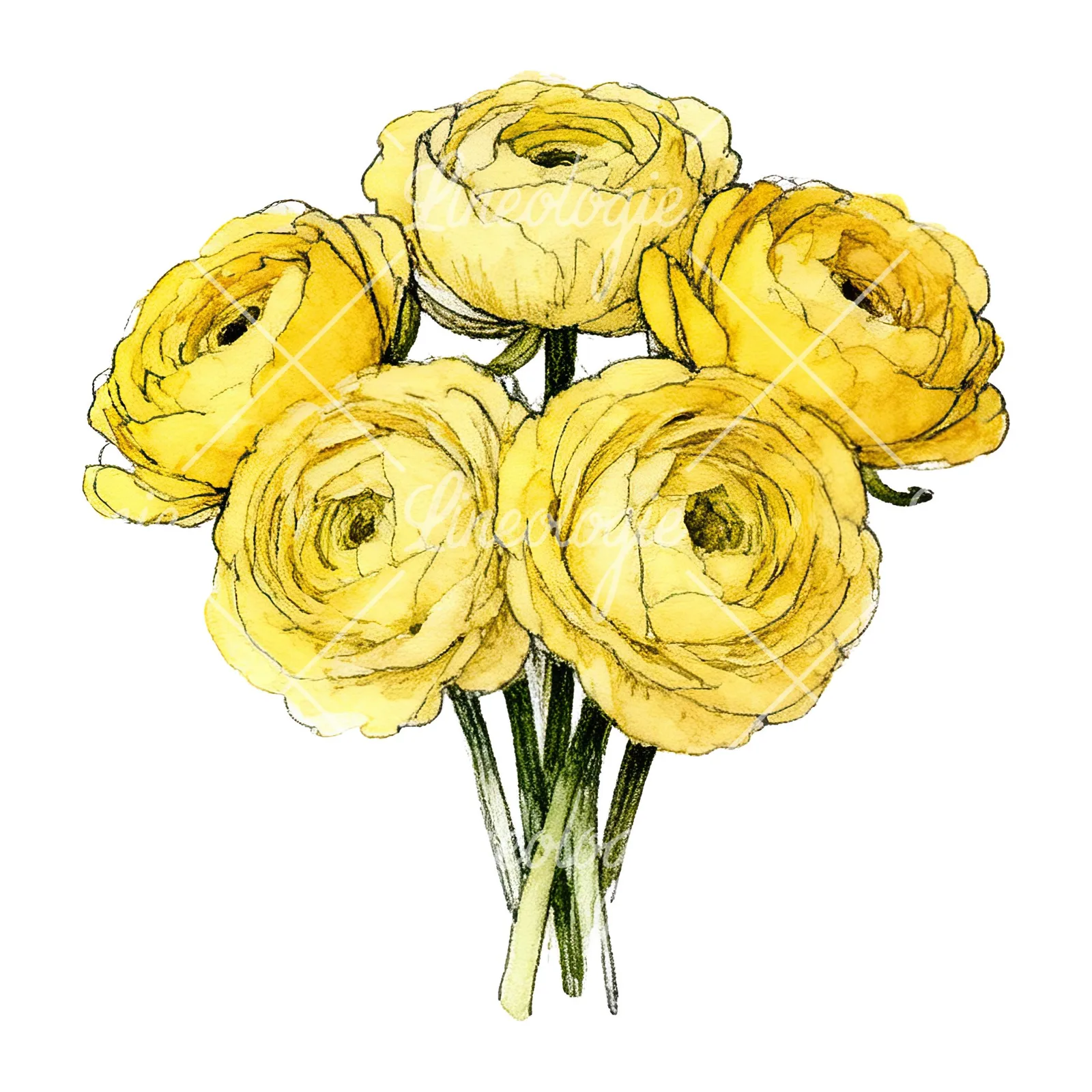 Watercolor compact yellow ranunculus bouquet clipart 1 of 12 on a white background (JPG)