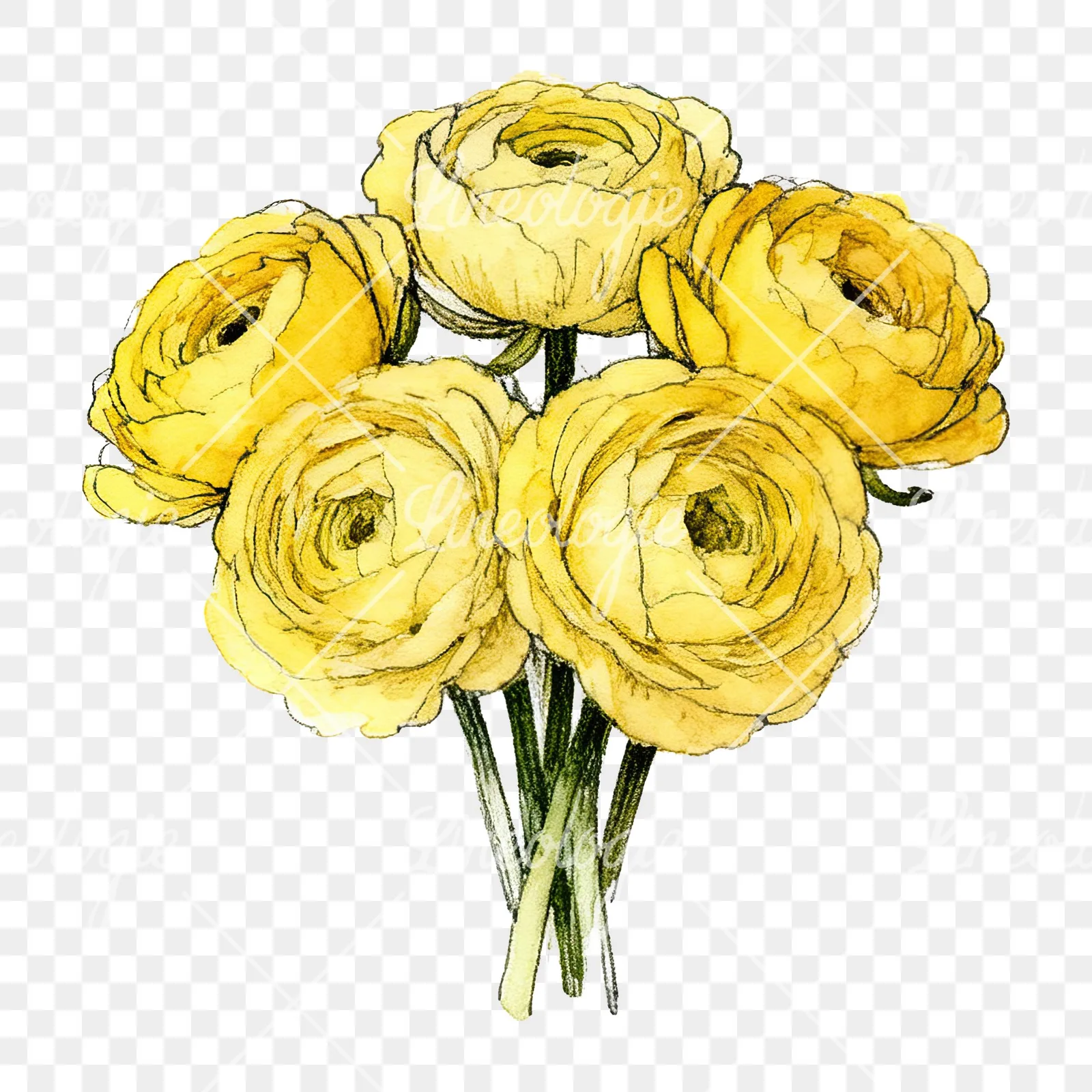 Watercolor compact yellow ranunculus bouquet clipart 1 of 12 on a transparent background (PNG)