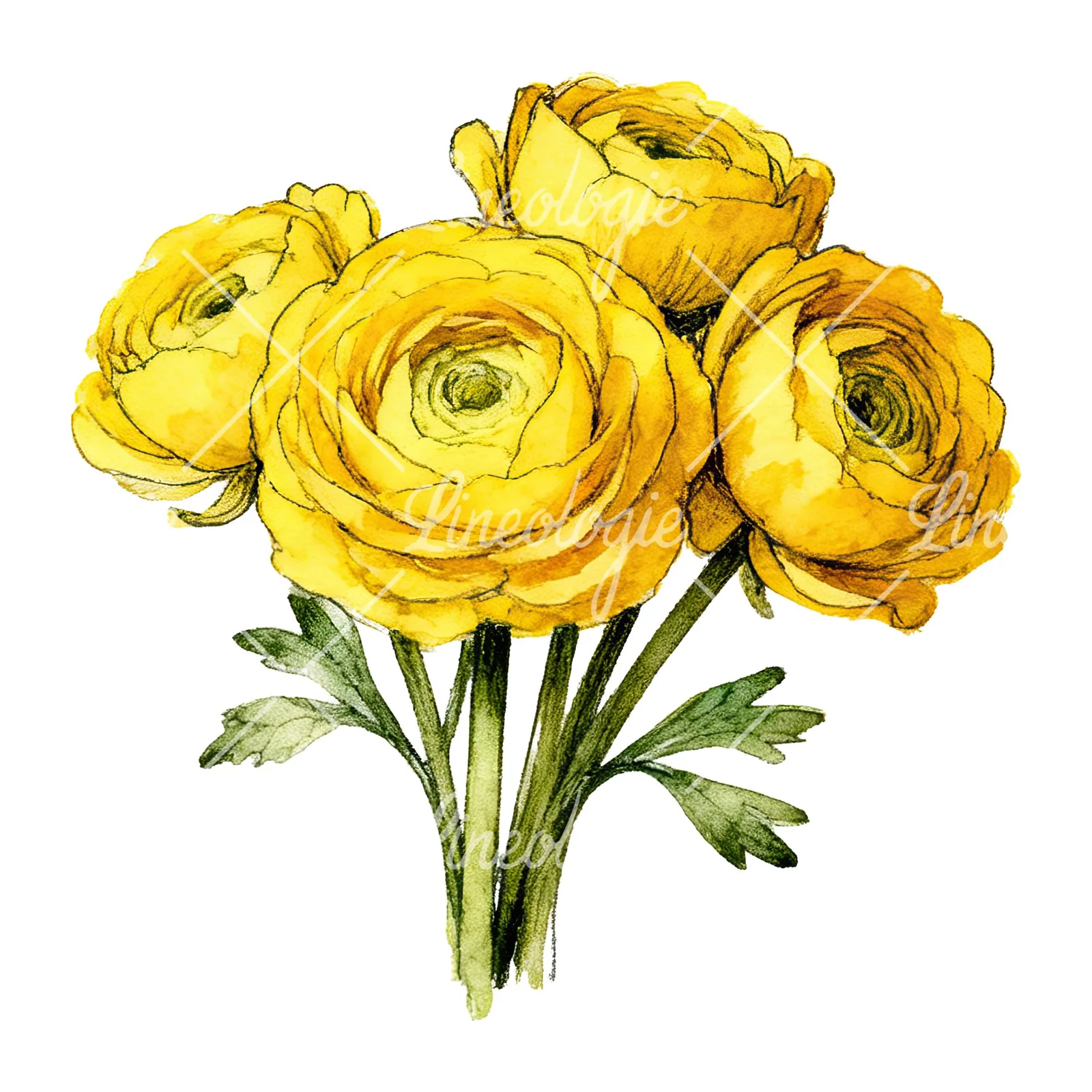 Watercolor compact yellow ranunculus bouquet clipart 2 of 12 on a white background (JPG)