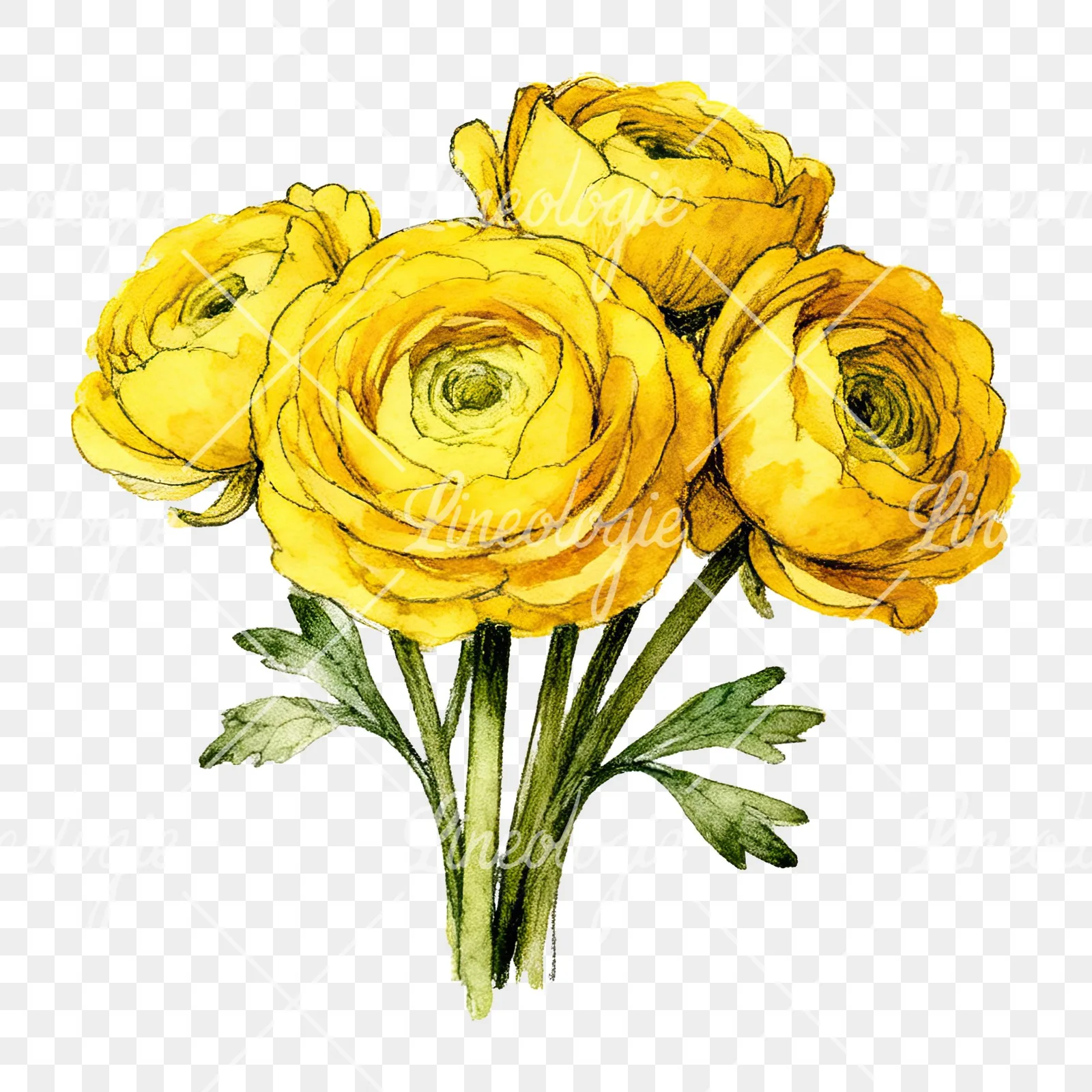 Watercolor compact yellow ranunculus bouquet clipart 2 of 12 on a transparent background (PNG)