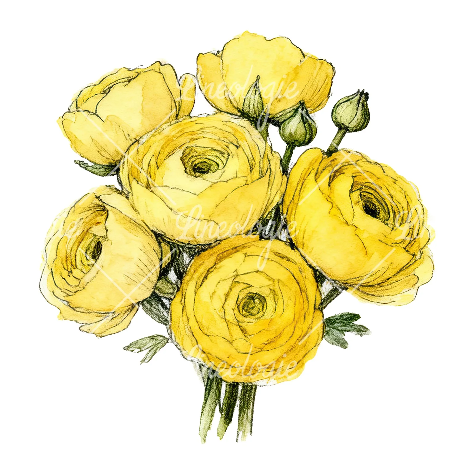 Watercolor compact yellow ranunculus bouquet clipart 3 of 12 on a white background (JPG)