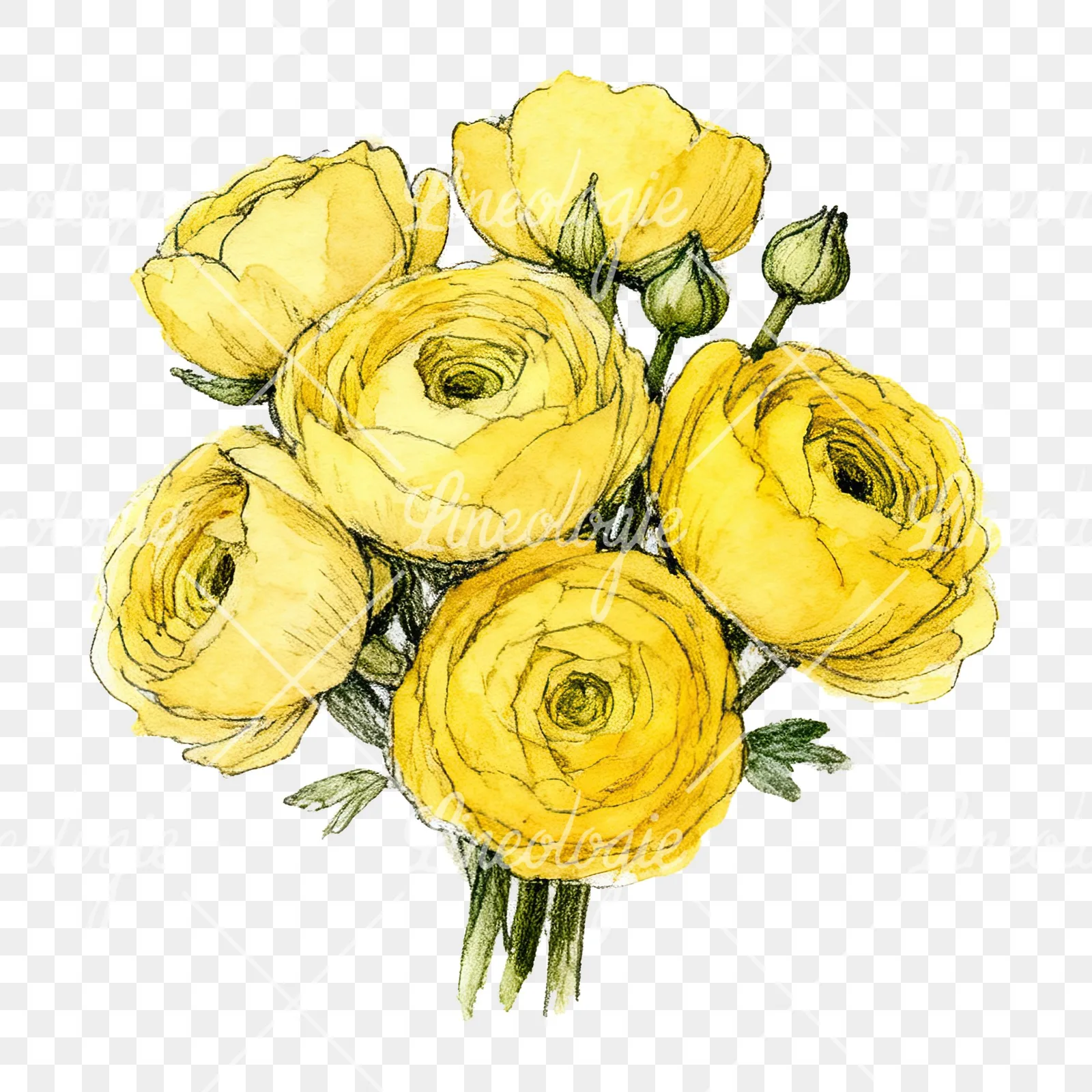 Watercolor compact yellow ranunculus bouquet clipart 3 of 12 on a transparent background (PNG)