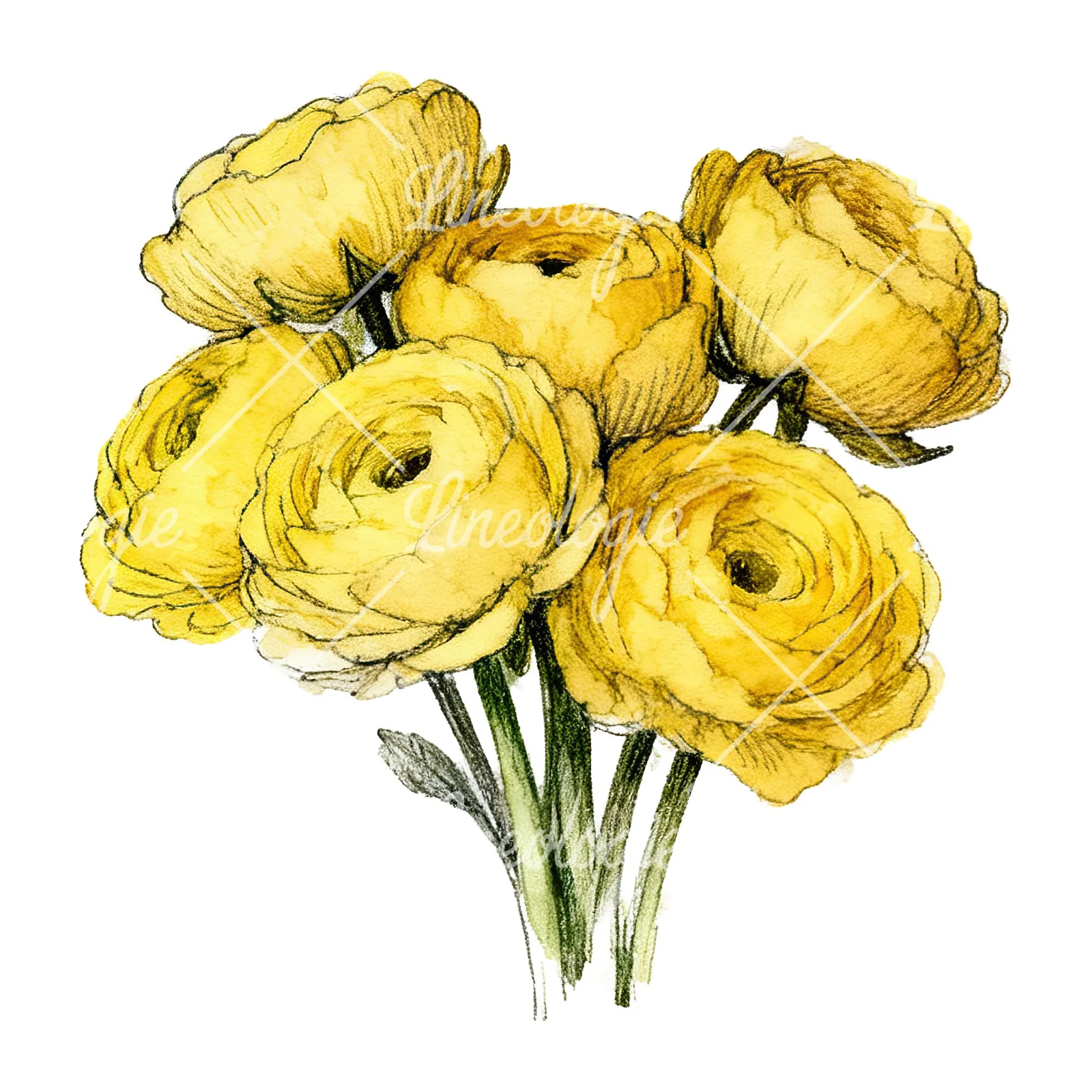 Watercolor compact yellow ranunculus bouquet clipart 4 of 12 on a white background (JPG)