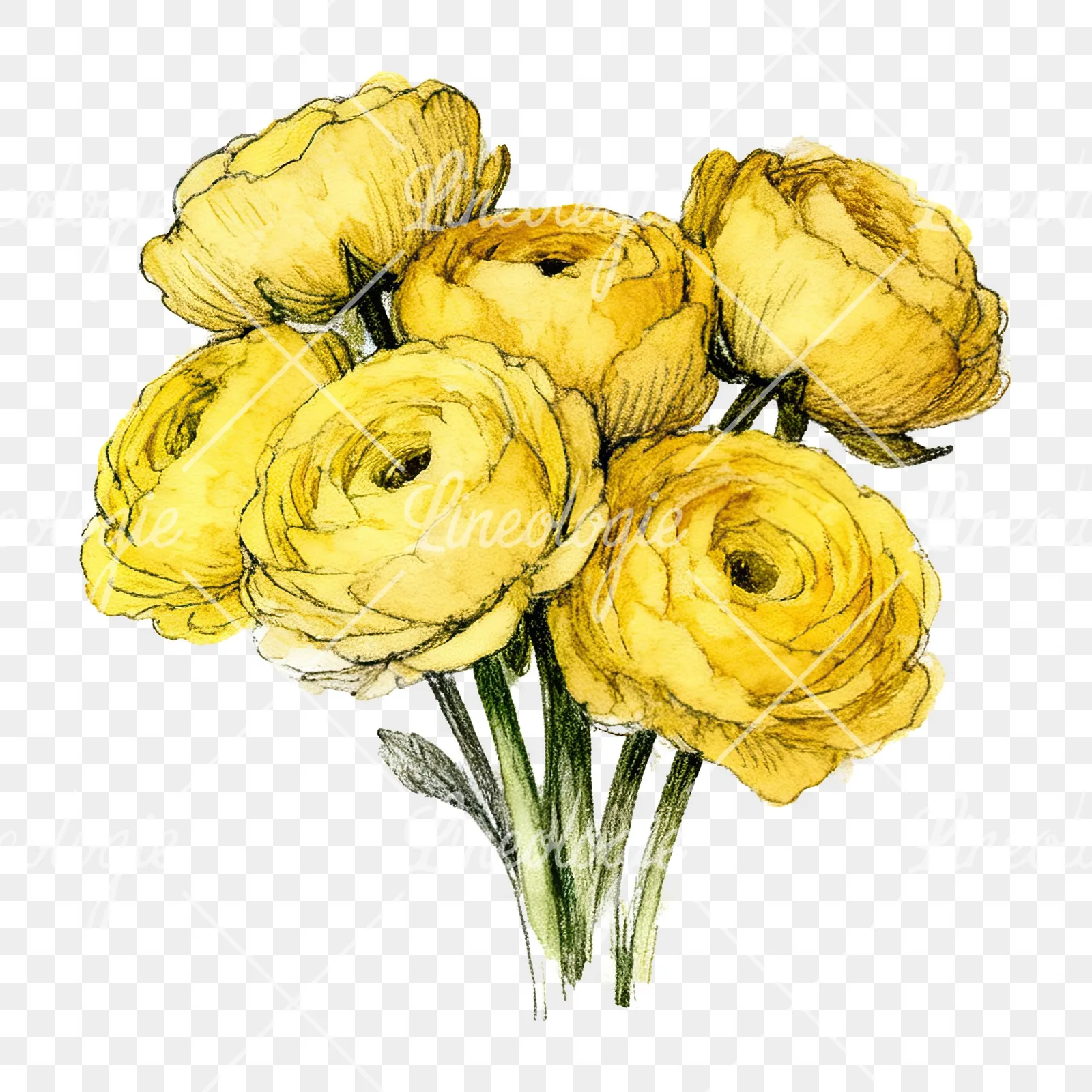 Watercolor compact yellow ranunculus bouquet clipart 4 of 12 on a transparent background (PNG)