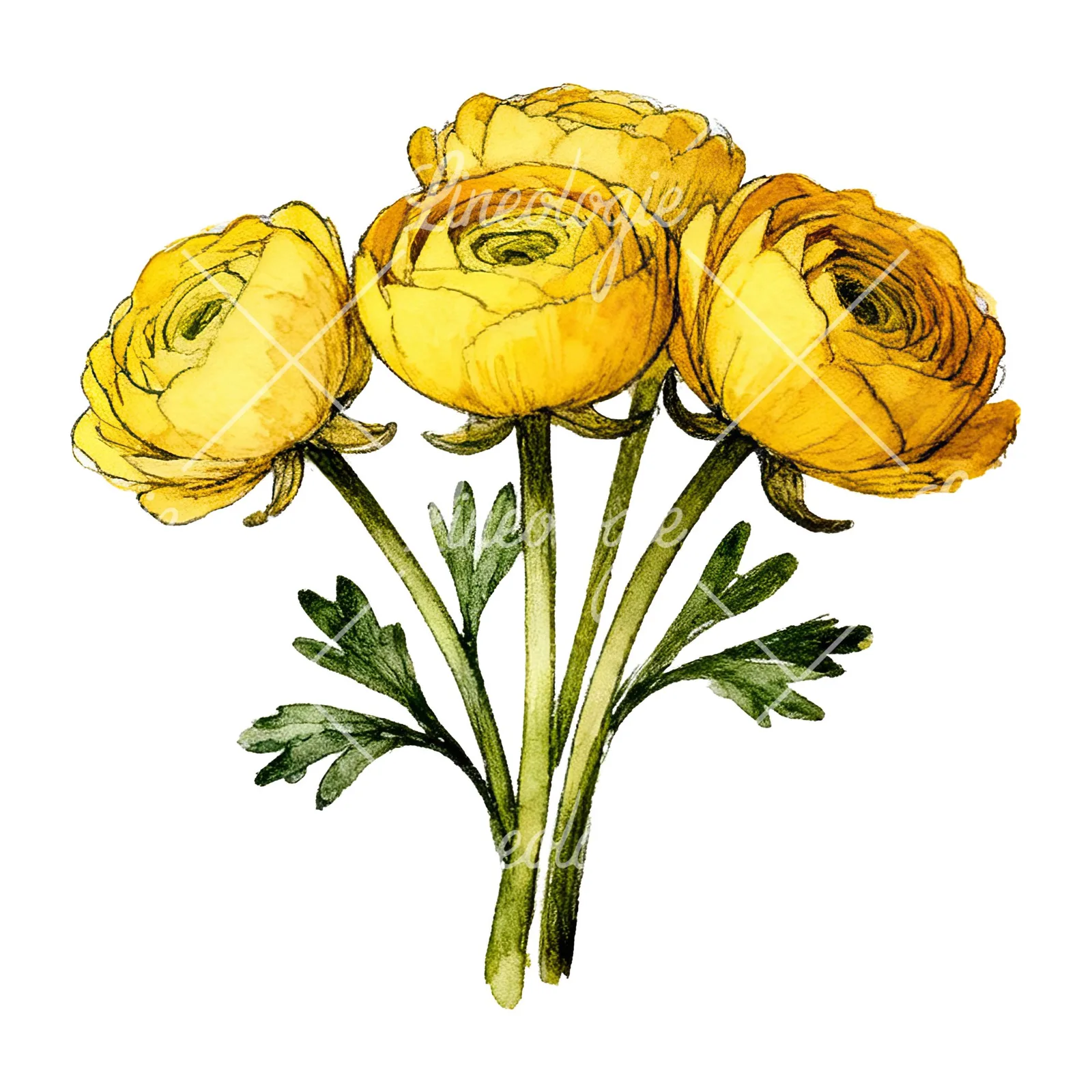 Watercolor compact yellow ranunculus bouquet clipart 5 of 12 on a white background (JPG)
