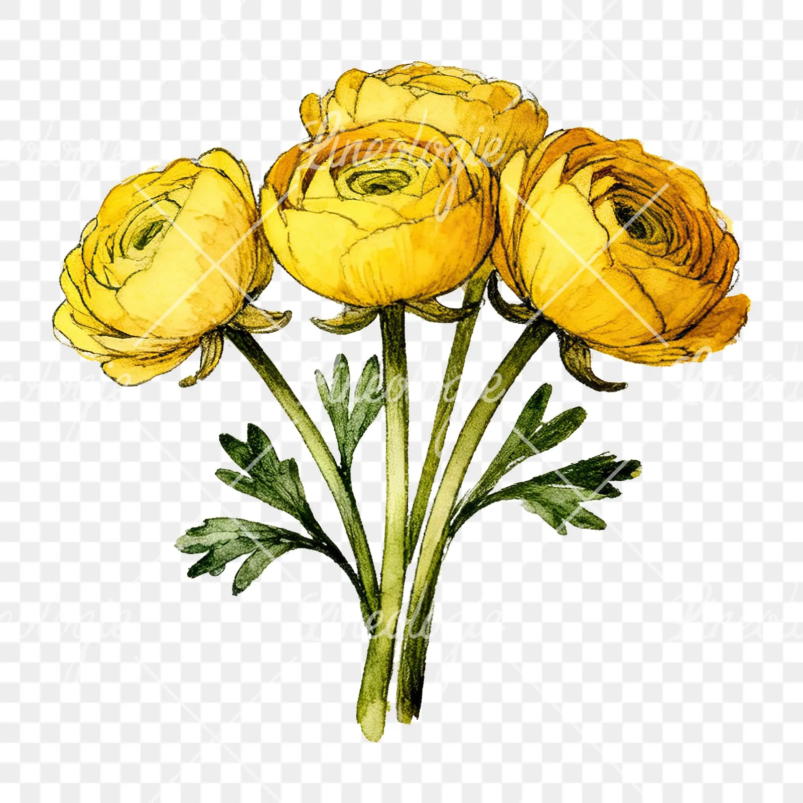 Watercolor compact yellow ranunculus bouquet clipart 5 of 12 on a transparent background (PNG)